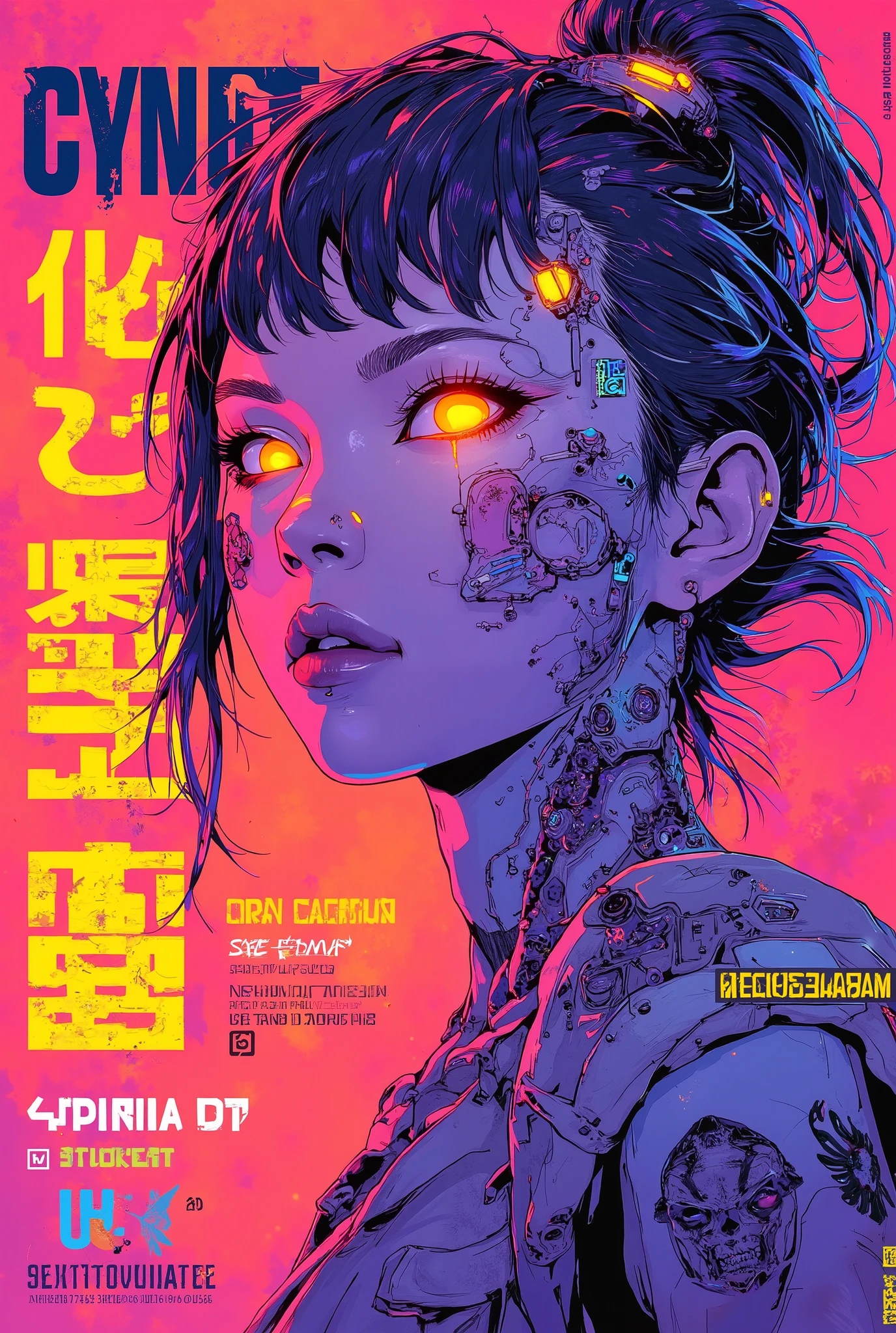 ((manga magazine cover illustration) of (perfect Asian cyberpunk girl))), (((punk hairstyle))), ((LED lights)), ((manga drawing)), warm colours, perfect features, abstract beauty, near perfection, pure form, concept art, intricate detail, 8k post-production, High resolution, super Detail, trending on ArtStation, sharp focus, studio photos.