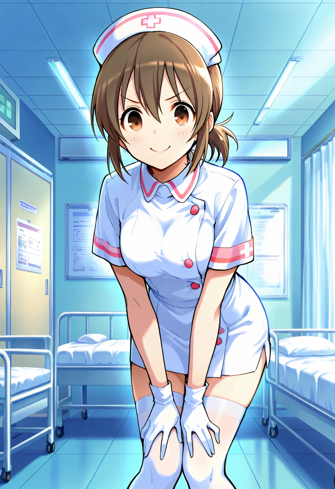 score_9, score_8_up, score_7_up, source_anime, hori yuuko, short ponytail, brown hair, brown eyes, (best quality), (high quality), {masterpiece}, extremely delicate and beautiful, ultra-detailed, beautiful detailed eyes, nurse, nurse hat, ((white nurse's outfit)), white gloves, white legwear, zettai ryouiki, hospital room, v-shaped eyebrows, smile, closed mouth, standing