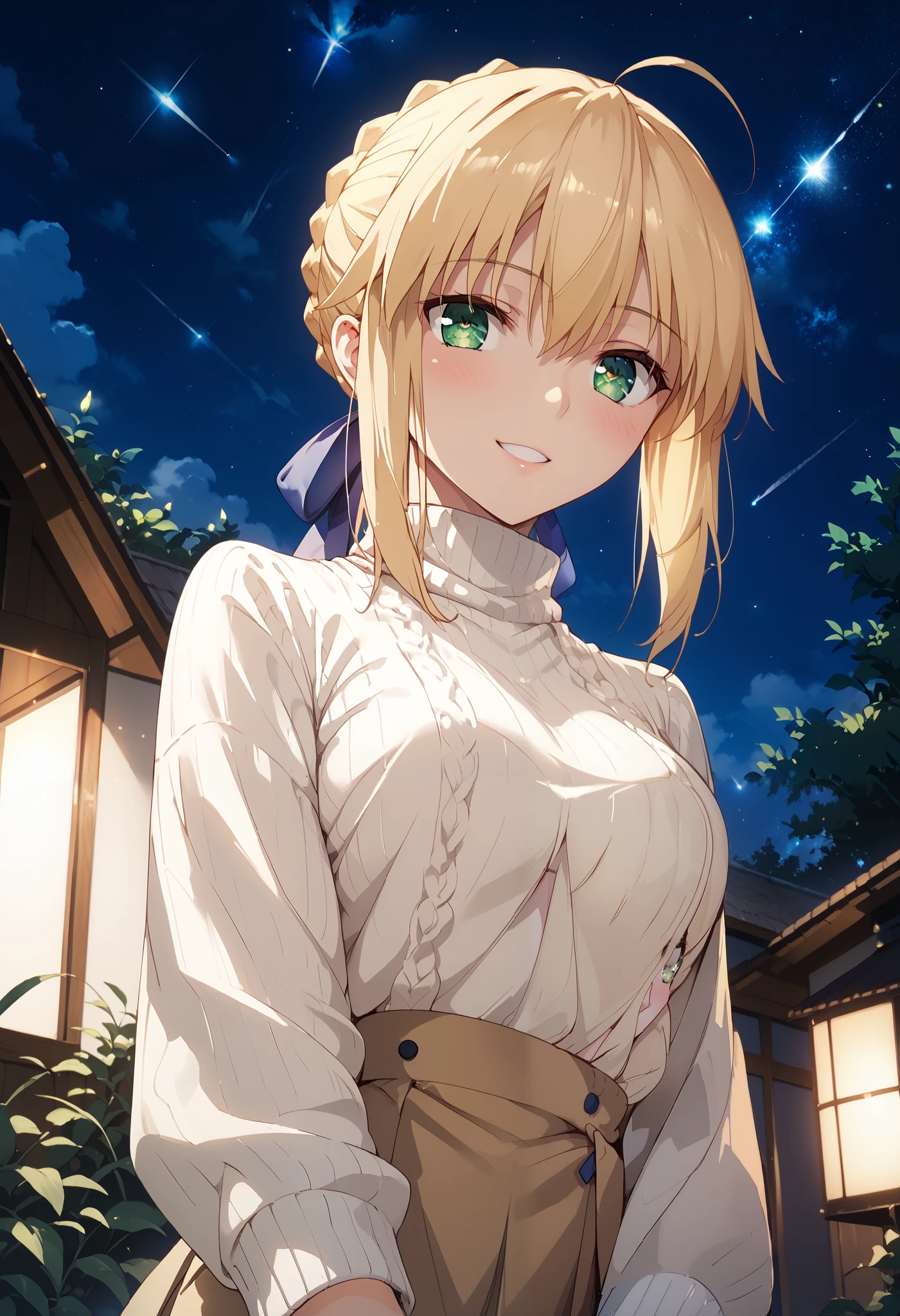 1girl, artoria pendragon (fate), solo, dutch angle, from below, blonde hair, blue ribbon, green eyes, (beautiful detailed eyes: 1.4), turtleneck sweater, outdoors, starry night, shooting star, cute smile, blush, seductive pose, wallpaper, masterpiece, natural lights, high quality, highly detailed