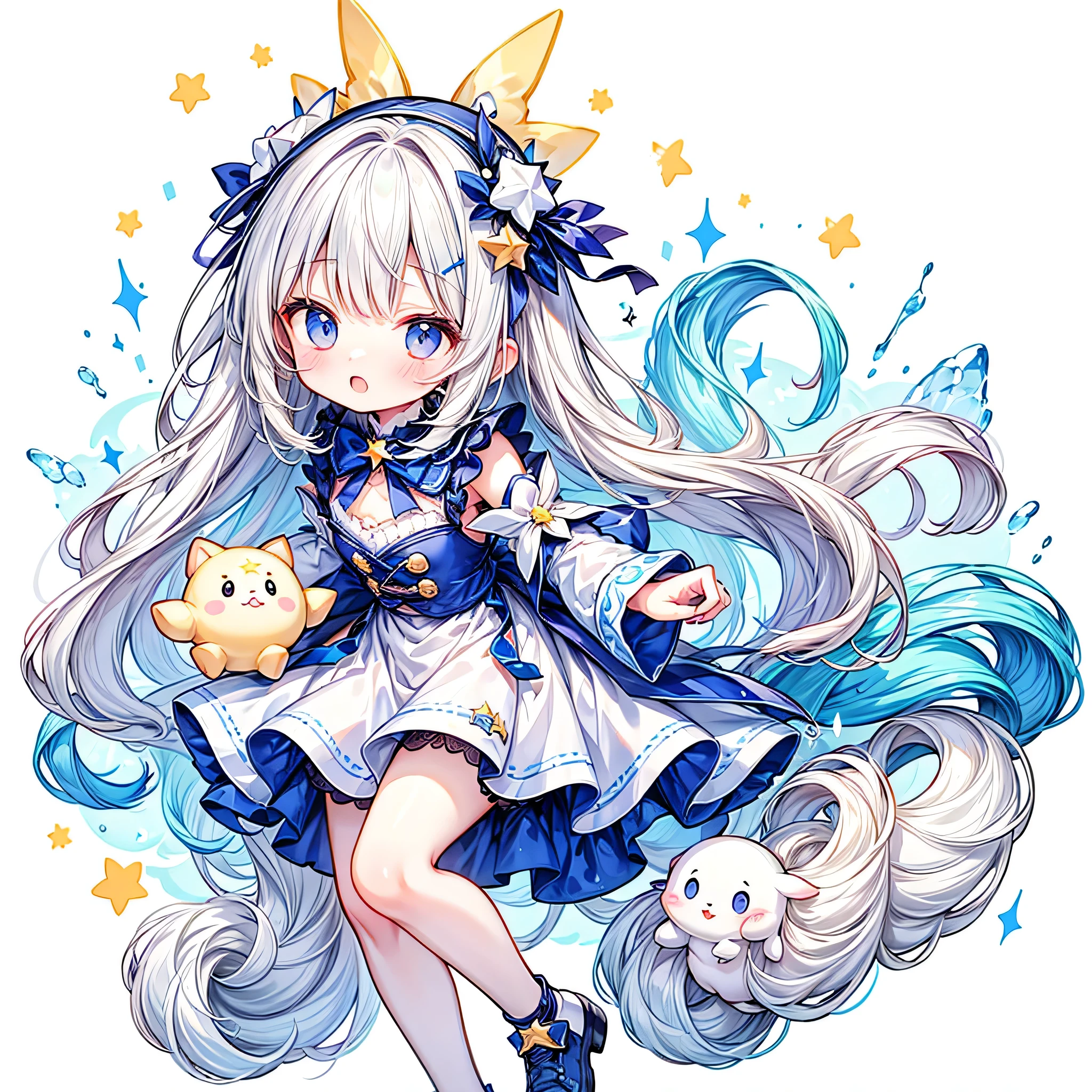 No people、( plush/Fluffy、Fluffy、 the cutest star fairy in the world who has a shape I've never seen、Star-shaped tail )、 illustration、patch、 Milky White Hair Color 、