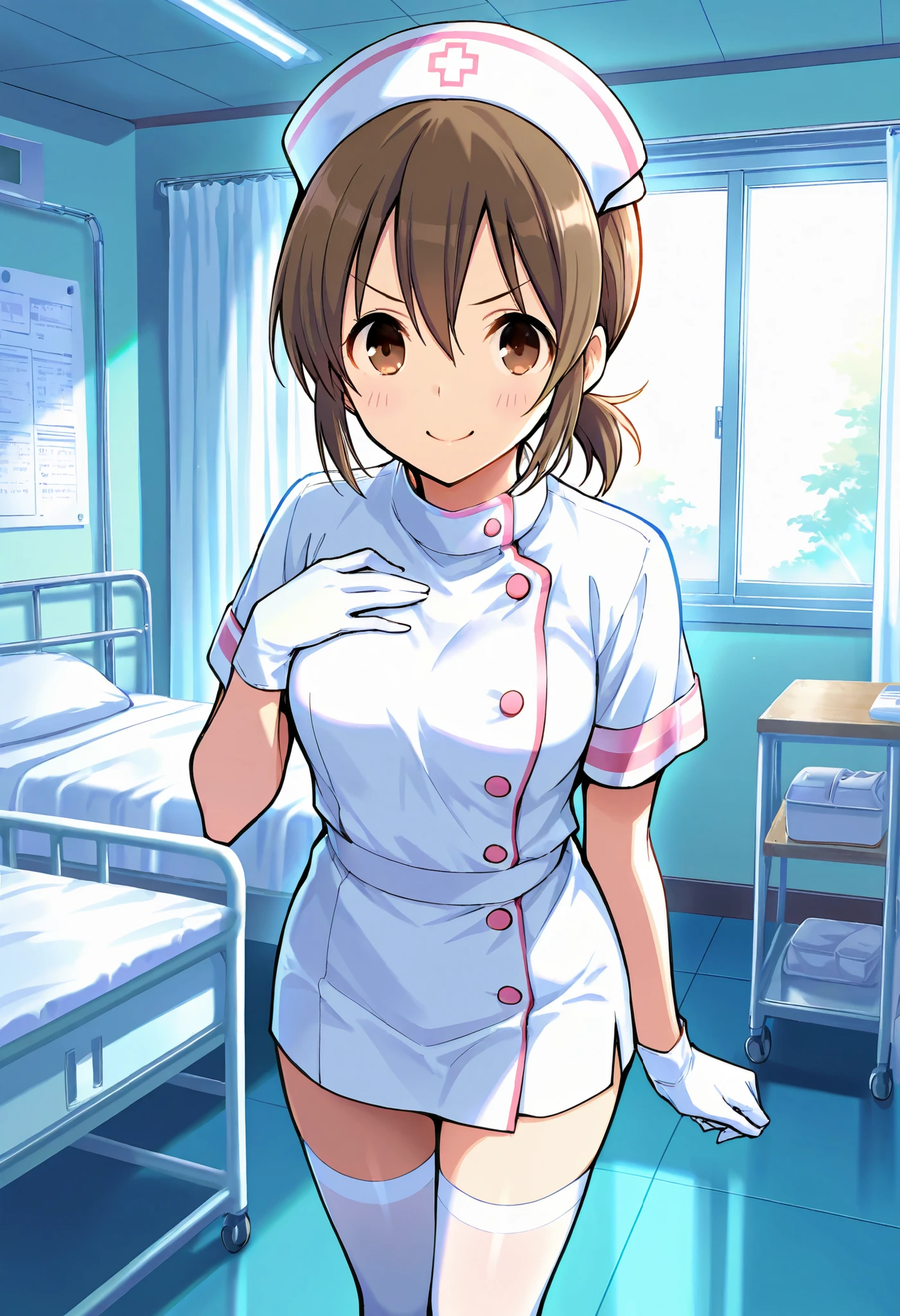 score_9, score_8_up, score_7_up, source_anime, hori yuuko, short ponytail, brown hair, brown eyes, (best quality), (high quality), {masterpiece}, extremely delicate and beautiful, ultra-detailed, beautiful detailed eyes, nurse, nurse hat, ((white nurse's outfit)), white gloves, white legwear, zettai ryouiki, hospital room, v-shaped eyebrows, smile, closed mouth, standing