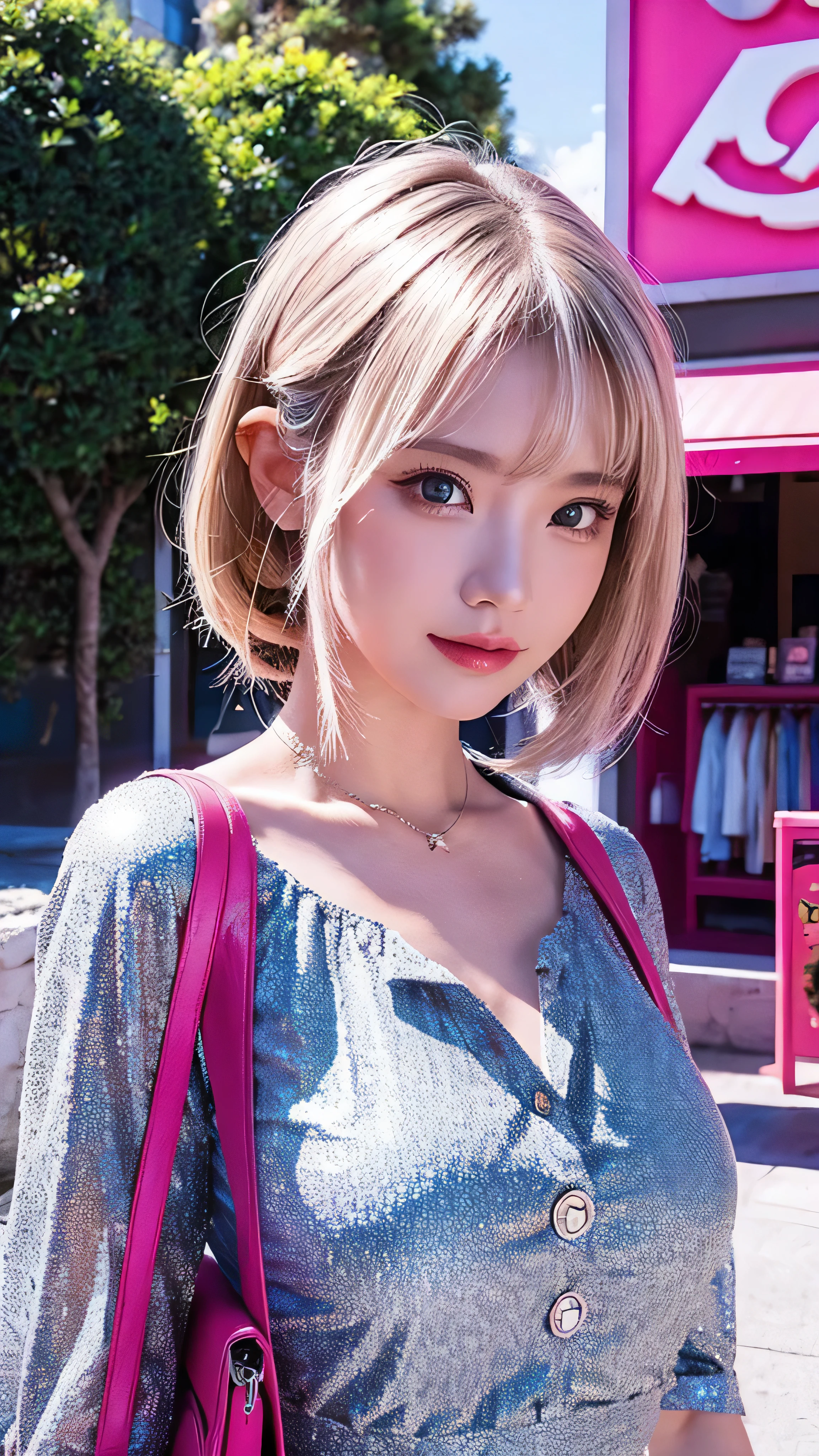  in high definition，Create another scene in the same style, Barbie is now outside the perfume shop., Now she has a bag from the perfume shop,  she's about to get in the car , her car is a C1 Corvette, Pink and white, C1 Corvette, She is wearing a pink and white checked dress.、The background shows a California city in the 1980s.。,  palm trees and lots of pink flowers .