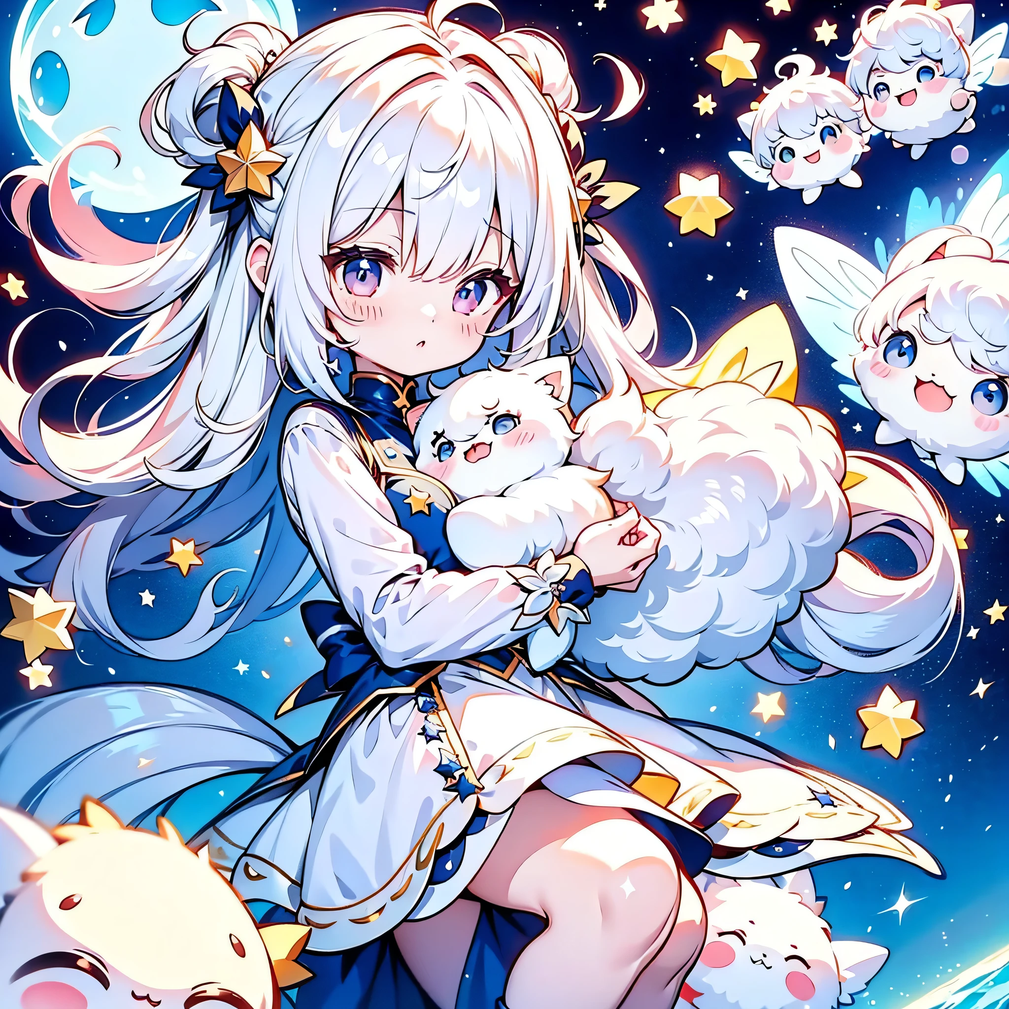 No people、（ plush/Fluffy、Fluffy、 the cutest star fairy in the world who has a shape I've never seen、Star-shaped tail ）、 illustration、patch、 Milky White Hair Color 、