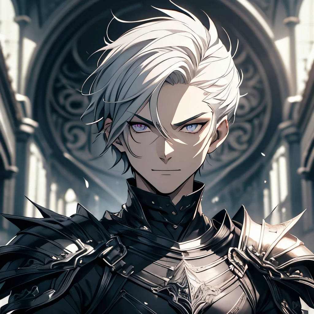 A grown man alone. male. age 27 years. height 1,75. thin . whole body. short white hair . short hair. Armadura leve de luta cor Black, Black, armadura na cor Black, with . haughty look. bright purple eyes . detailed eyes . gloomy countenance, smiling. dynamic pose .