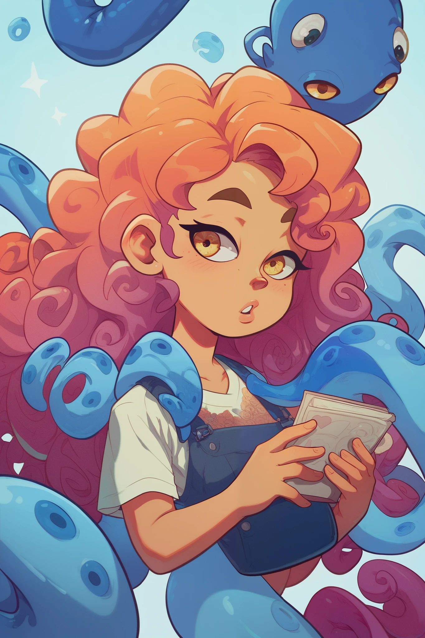  Make a half-human with some blue octopus tentacles Franzia,  adult , Blue-skinned Franzia ,  curly hair and cobalt blue ,  amber-yellow-eyed , alone 