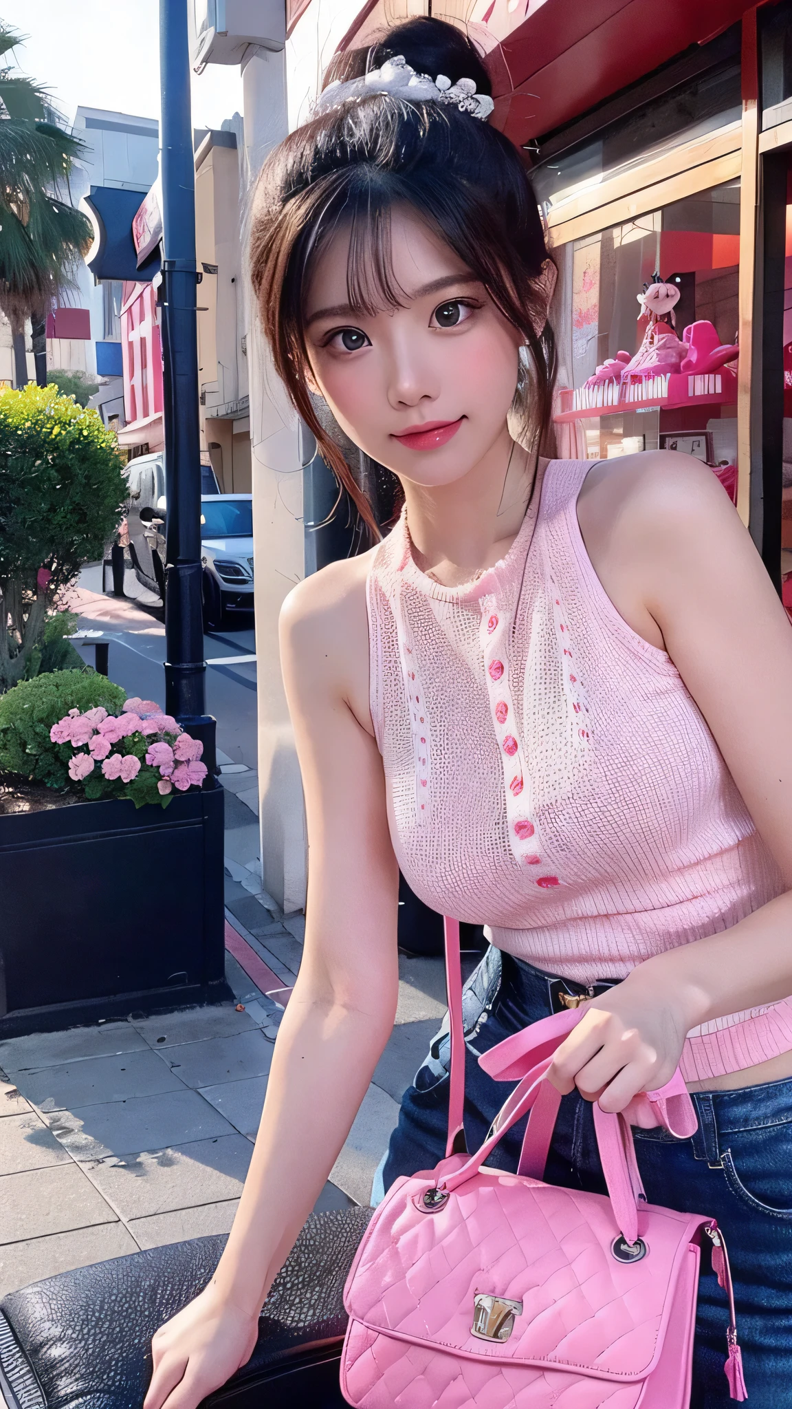 in high definition,Create another scene in the same style, Barbie is now outside the perfume shop., Now she has a bag from the perfume shop, she's about to get in the car , her car is a C1 Corvette, Pink and white, C1 Corvette, She is wearing a pink and white checked dress.、The background shows a California city in the 1980s.。, palm trees and lots of pink flowers .
