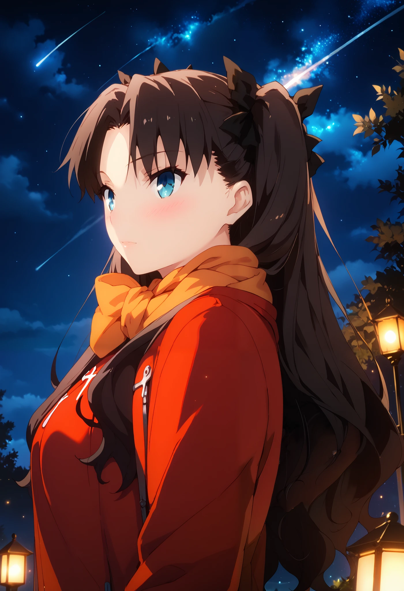 1girl, tohsaka rin (fate), solo, dutch angle, from below, black hair, blue eyes, (beautiful detailed eyes: 1.4), orange scarf, red coat, outdoors, starry night, shooting star, blush, looking at stars, wallpaper, masterpiece, natural lights, high quality, highly detailed
