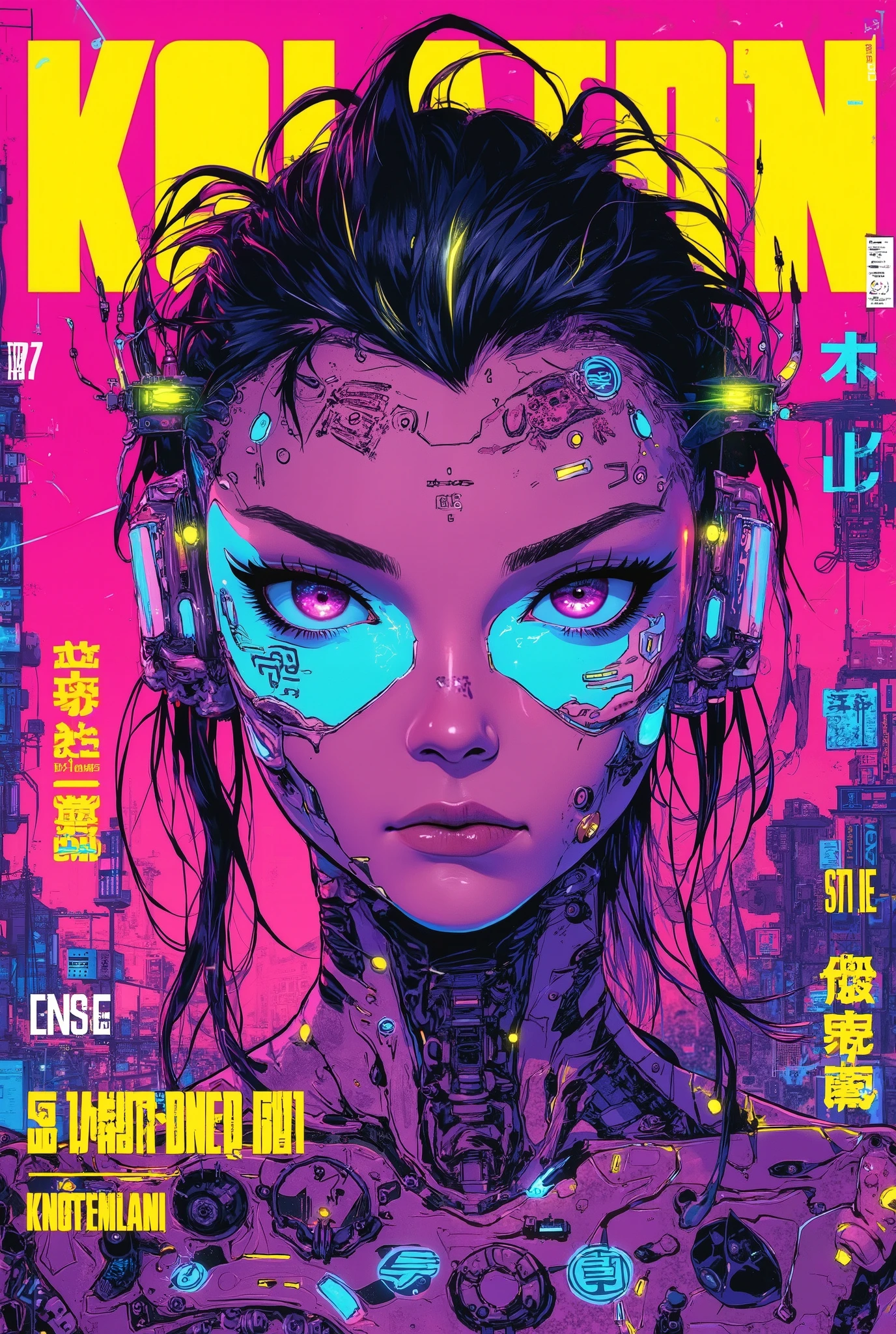 ((manga magazine cover illustration) of (perfect Asian cyberpunk girl))), (((punk hairstyle))), ((LED lights)), ((manga drawing)), warm colours, perfect features, abstract beauty, near perfection, pure form, concept art, intricate detail, 8k post-production, High resolution, super Detail, trending on ArtStation, sharp focus, studio photos.