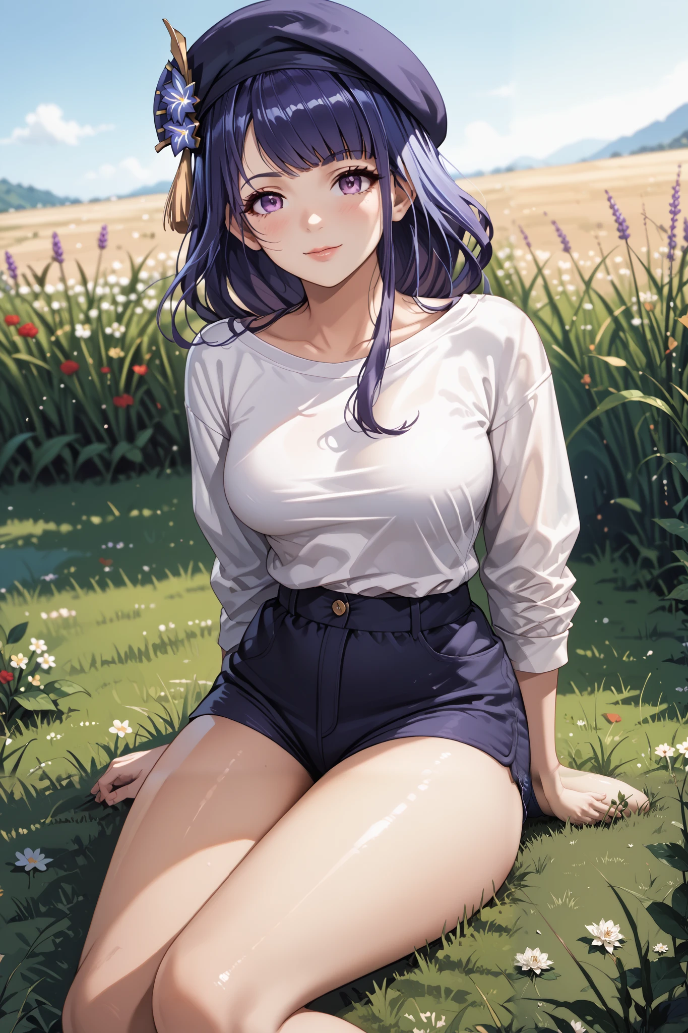 Masterpiece, extremely detailed,4k,solo,1girl,raiden shogun,beret,full body,perfect slim body,(sit down),ambarrased ,long legs ,perfect slim body,large breasts, ((kawai face)),embarassed ekspression,smile,(closed lips),((arms behind back)), cowboy shoot,((grass)), front look, looking at viewers, white tshirt, ((short pants))