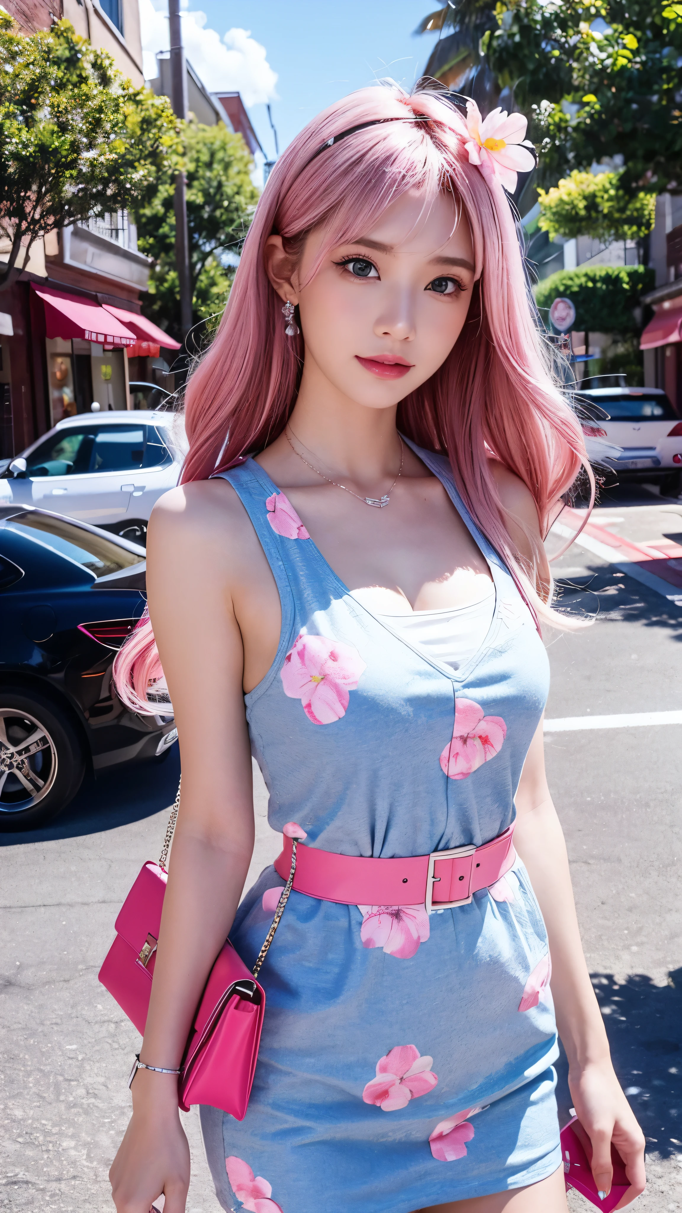 in high definition,Create another scene in the same style, Barbie is now outside the perfume shop., Now she has a bag from the perfume shop, she's about to get in the car , her car is a C1 Corvette, Pink and white, C1 Corvette, She is wearing a pink and white checked dress.、The background shows a California city in the 1980s.。, palm trees and lots of pink flowers .
