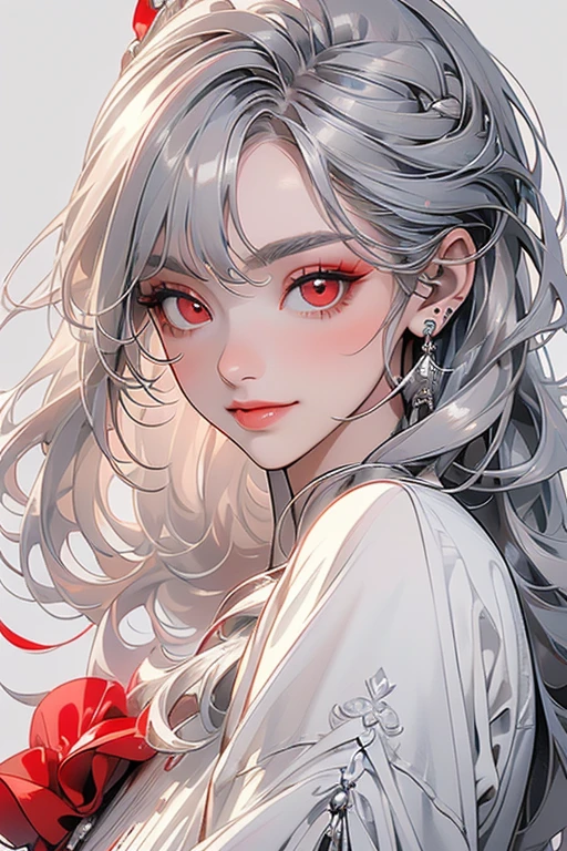 (highest quality:1.2, Very detailed, up to date, Vibrant, Ultra-high resolution, High Contrast, masterpiece:1.2, highest quality, Best aesthetics), Portraiture、girl、singer、Bright colors、Beautiful fine details、Beautiful lip detail、midium wave hair、red and white ((streaked hair:1.6)), highlights hair: 1.5, red eyes, slim body, middium breast, (tan skin:1.1), standing、((plain black T-shirts:1))、loose fit old jeans, (Floral Fineline tattoo design on left arm:1), Resolute expression、Avid Fan、Rock star aura、town