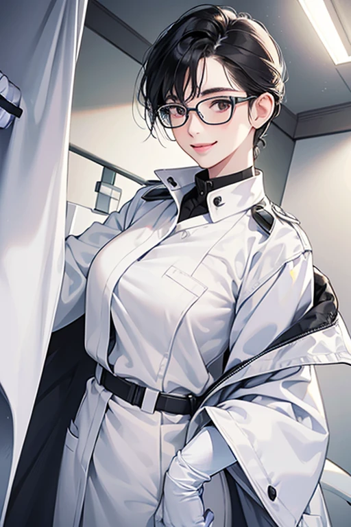 Beautiful girl wearing a white rubber high-neck nurse uniform(20th Generation)She has short hair, wears glasses and long patent leather gloves.
