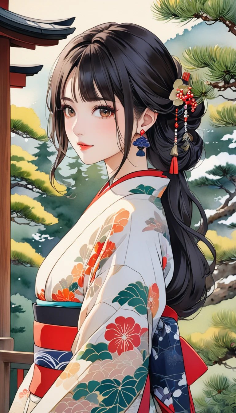  beautiful Japanese woman wearing a kimono 、Great watercolor illustration 、 since age 27、 Vivid colors reminiscent of Ukiyo-e、 Brownish Black Long Hair 、Japanese earrings、Closeup of a beautiful upper body、garden、A large pine tree with a curved trunk、 best quality、masterpiece、 HD、8k、