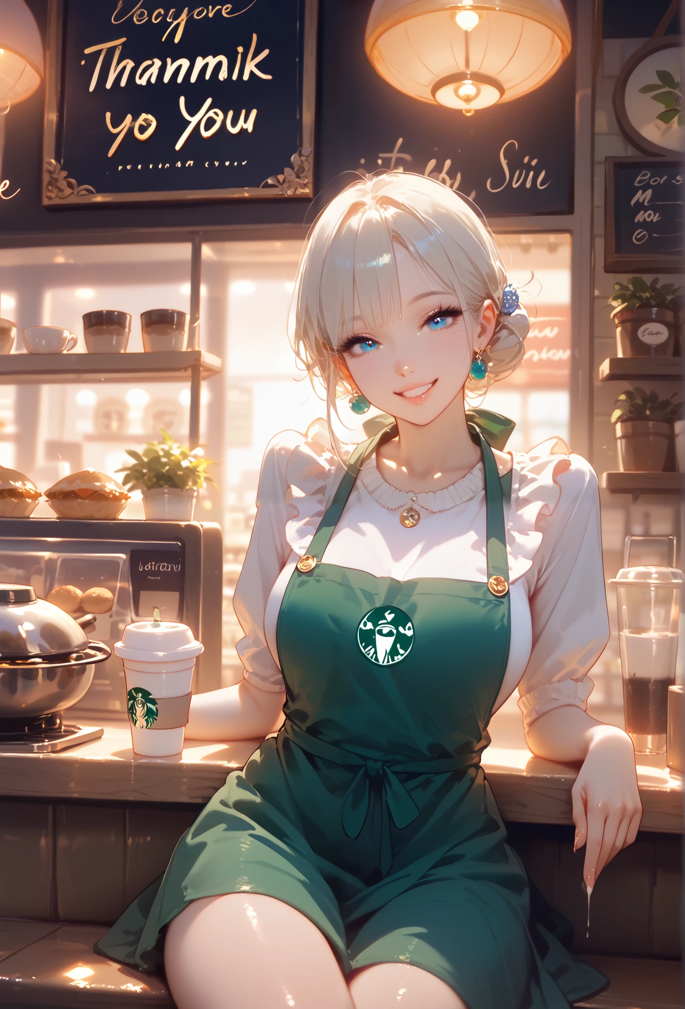 Anime girl sitting at counter with a cup of coffee in hand - SeaArt AI