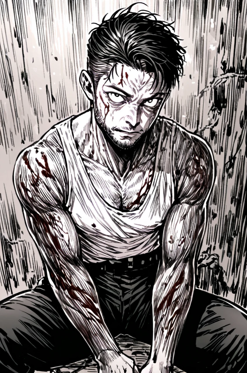 man, thick eyebrows, handsome, short hair, fox ears, injured, body