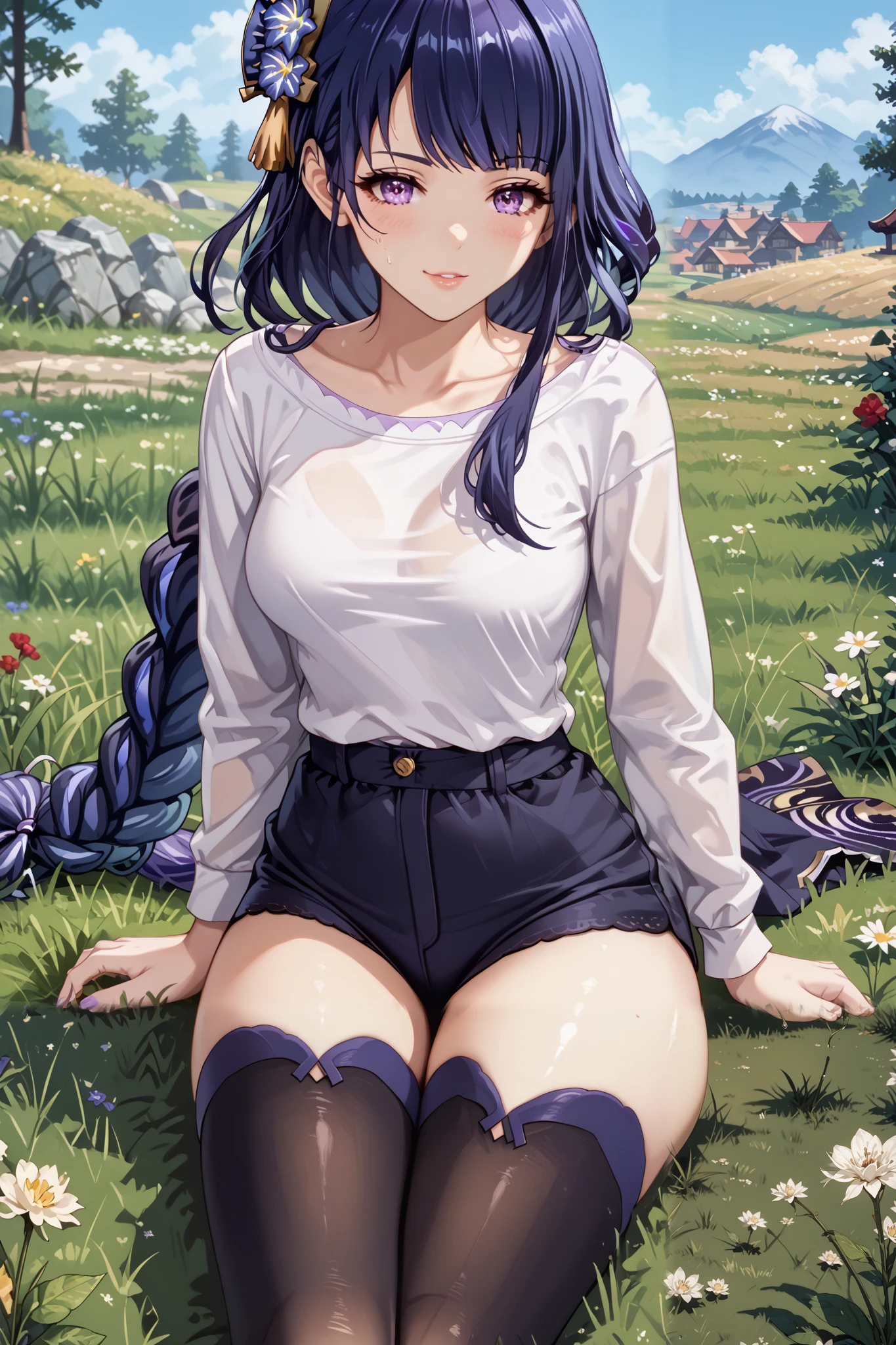 Masterpiece, extremely detailed,4k,solo,1girl,raiden shogun,full body,perfect slim body,(sit down),ambarrased ,long legs ,perfect slim body,large breasts, ((kawai face)),embarassed ekspression,smile,(closed lips),((arms behind back)), cowboy shoot,((grass)), front look, looking at viewers, white tshirt, ((short pants))