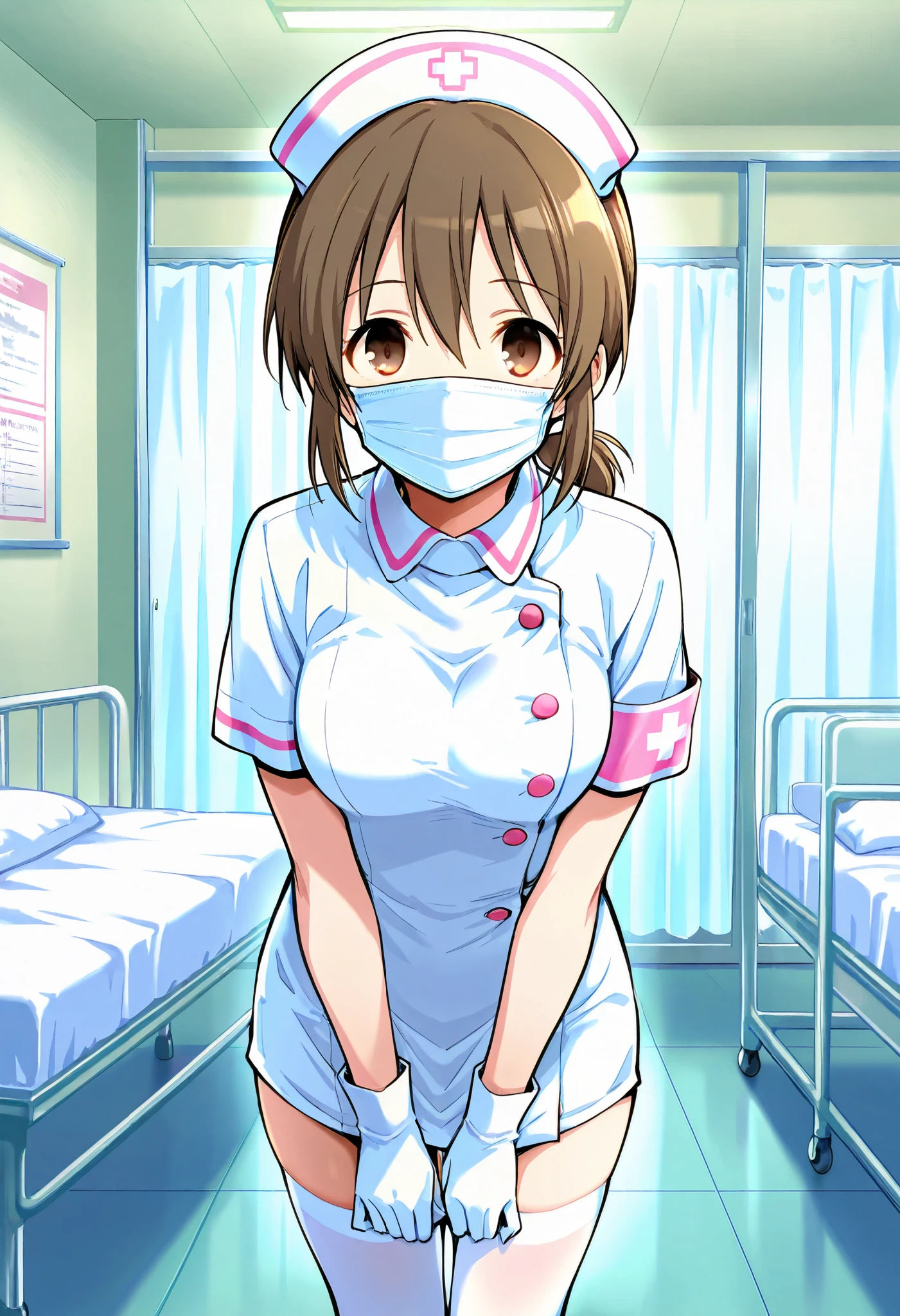 score_9, score_8_up, score_7_up, source_anime, hori yuuko, short ponytail, brown hair, brown eyes, (best quality), (high quality), {masterpiece}, extremely delicate and beautiful, ultra-detailed, beautiful detailed eyes, nurse, nurse hat, ((white nurse's outfit)), white gloves, white legwear, zettai ryouiki, hospital room, ((white surgical mask, covered nose)), standing