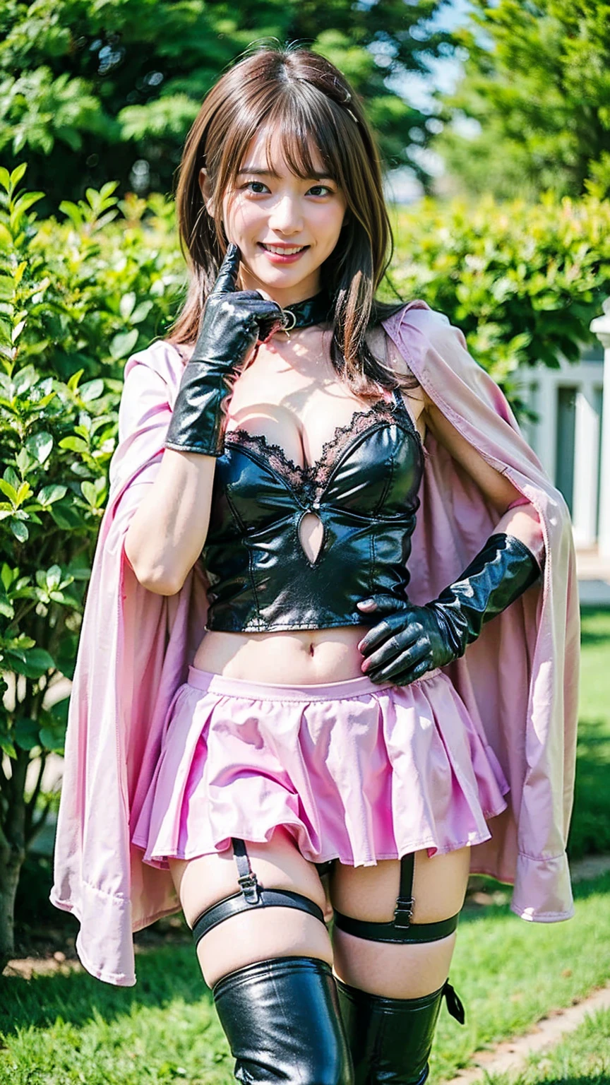 (8k、RAW Photos、highest quality、masterpiece:1.2)、(Realistic、Realistic)、1 girl、((Black and pink dress、belly button、Pink ee-through、Big Breasts、View from the front、stage、Spotlight、Twin tail hair、smile、Bustier、pants、Cape、smile、whole body、short boots、Standing with hands on hips))、Lots of eyelashes、Glowing eyelids、skeletally correct