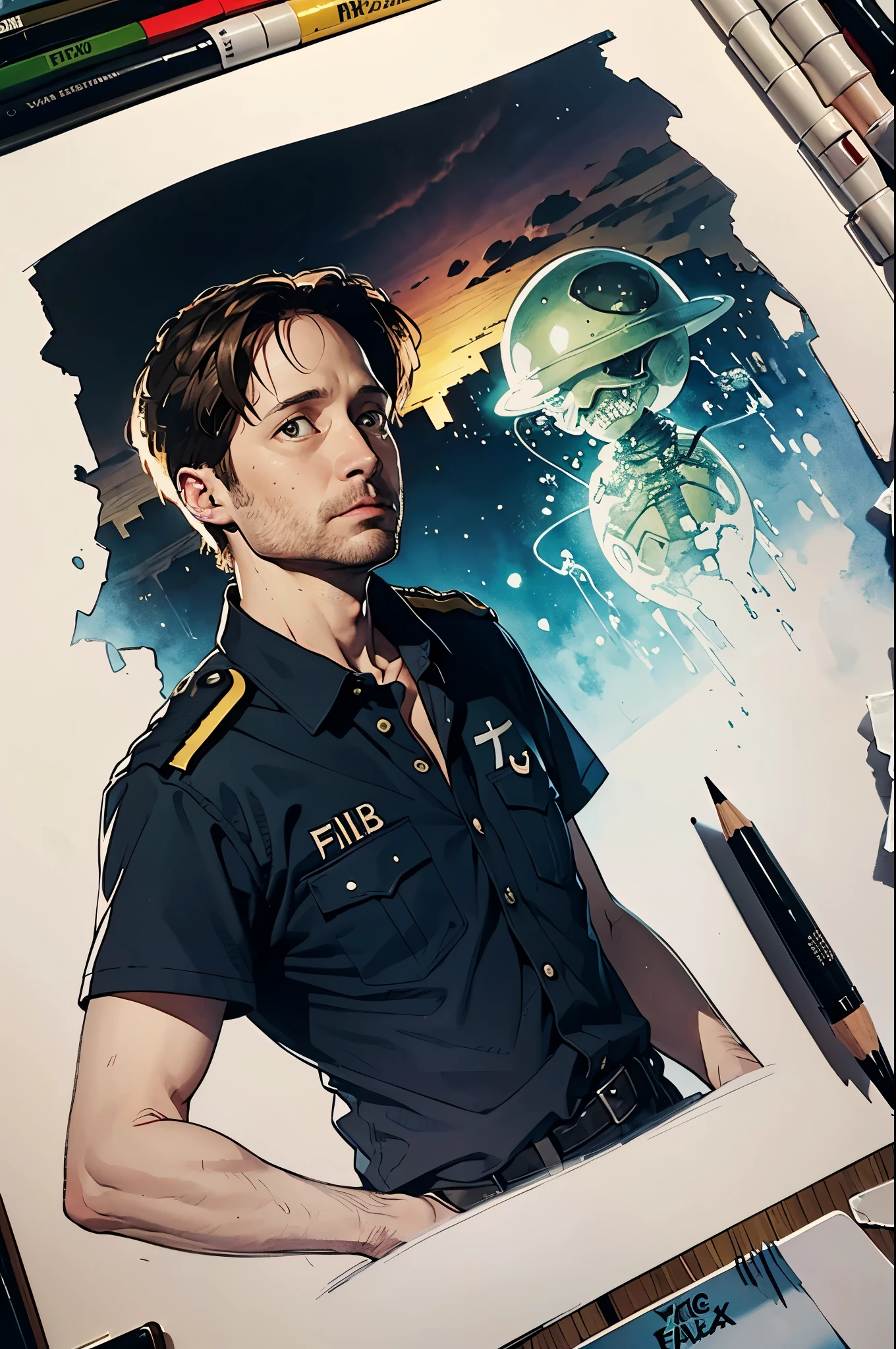 Pencil
Pen and Ink
Watercolour, ((FBI Agent Fox Mulder, X-Files)), investigating a trauma of alien abduction in progress