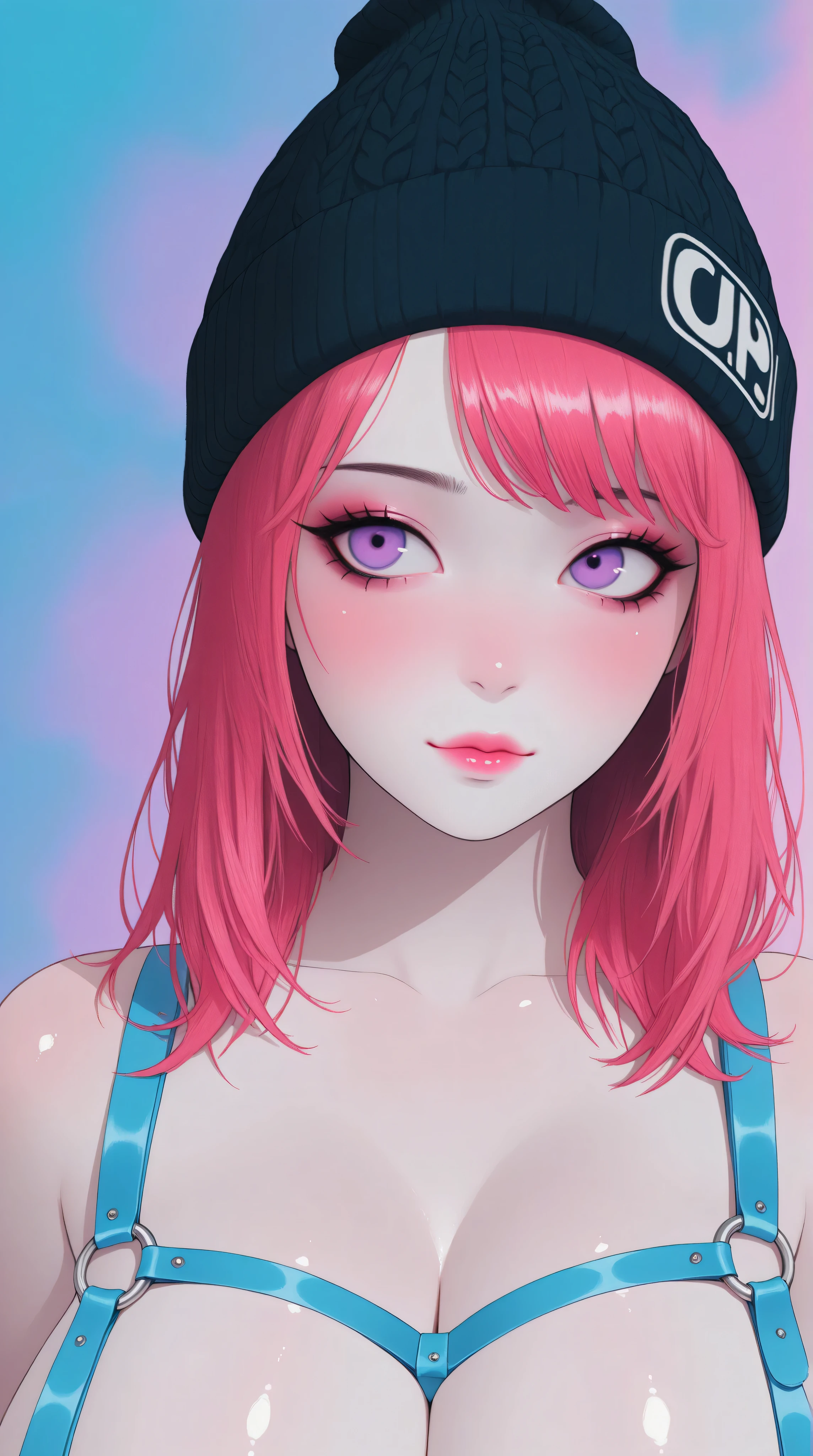 1girl,Thorough, analog style, eye focus, highest quality, (highly detailed skin), photo of a exquisitely beautiful pale skin punk Dutch girl, 21yo, (wearing harness, and beanie), perfect face, alluring eyes, big breasts, cleavage, [seductive makeup], skin pores, (piercing:0.5), indoor, messy bedroom, (bokeh:0.6), sharp focus, dappled lighting, (backlighting:0.7), film grain, photographed on a Sony A7R IV, 18mm F/1.7 cine lens, (highly detailed, intricately detailed), 8k, HDR, seductively posing, front view, (uppper body:0.9), shiny skin, (eyes looking off to side), Highly detailed, Amazing work，Vitreous luster, blues, purples, pinks, Best quality at best，shiny skin, no background, colorful background, blue background, pink background, purple background, plunging neckline, heavy blushing, huge breasts, 