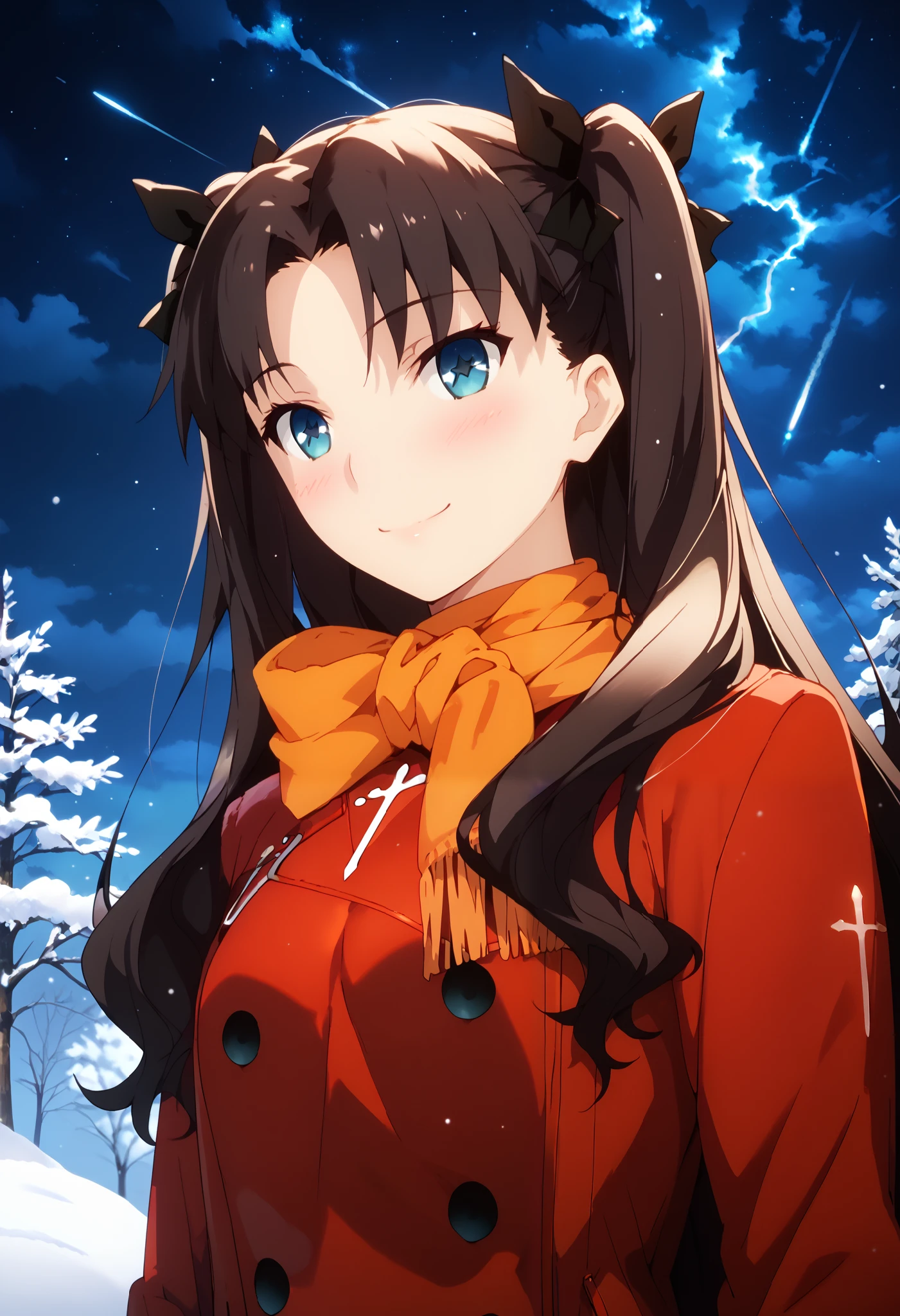 1girl, tohsaka rin (fate), solo, dutch angle, from below, black hair, blue eyes, (beautiful detailed eyes: 1.4), orange scarf, red coat, outdoors (snowy), starry night, shooting star, faint smile, blush, looking at stars, wallpaper, masterpiece, natural lightning, high quality, highly detailed