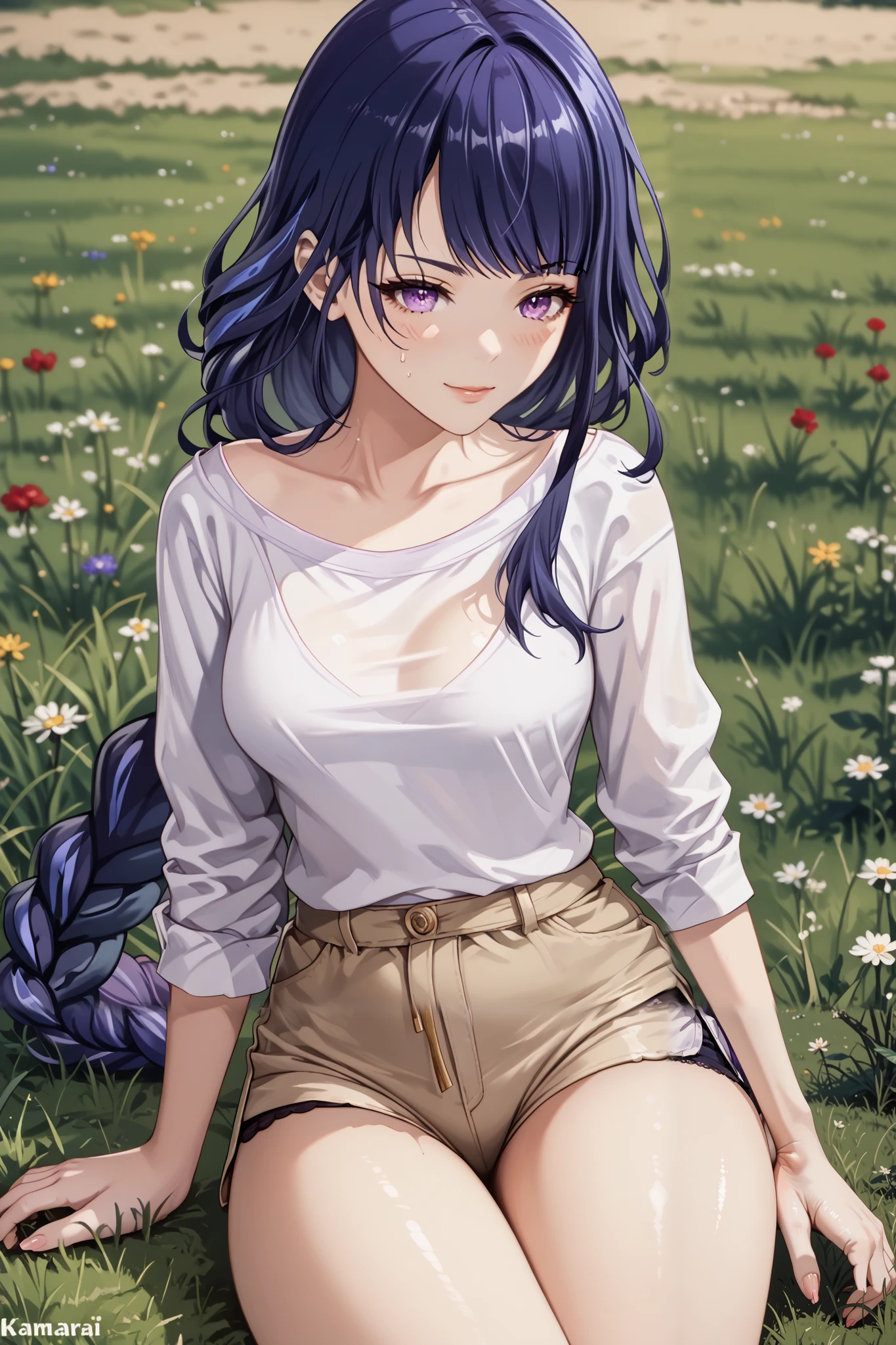 Masterpiece, extremely detailed,4k,solo,1girl,raiden shogun,full body,perfect slim body,(sit down),ambarrased ,long legs ,perfect slim body,large breasts, ((kawai face)),embarassed ekspression,smile,(closed lips), cowboy shoot,((grass)), front look, looking at viewers, white tshirt, ((short pants))