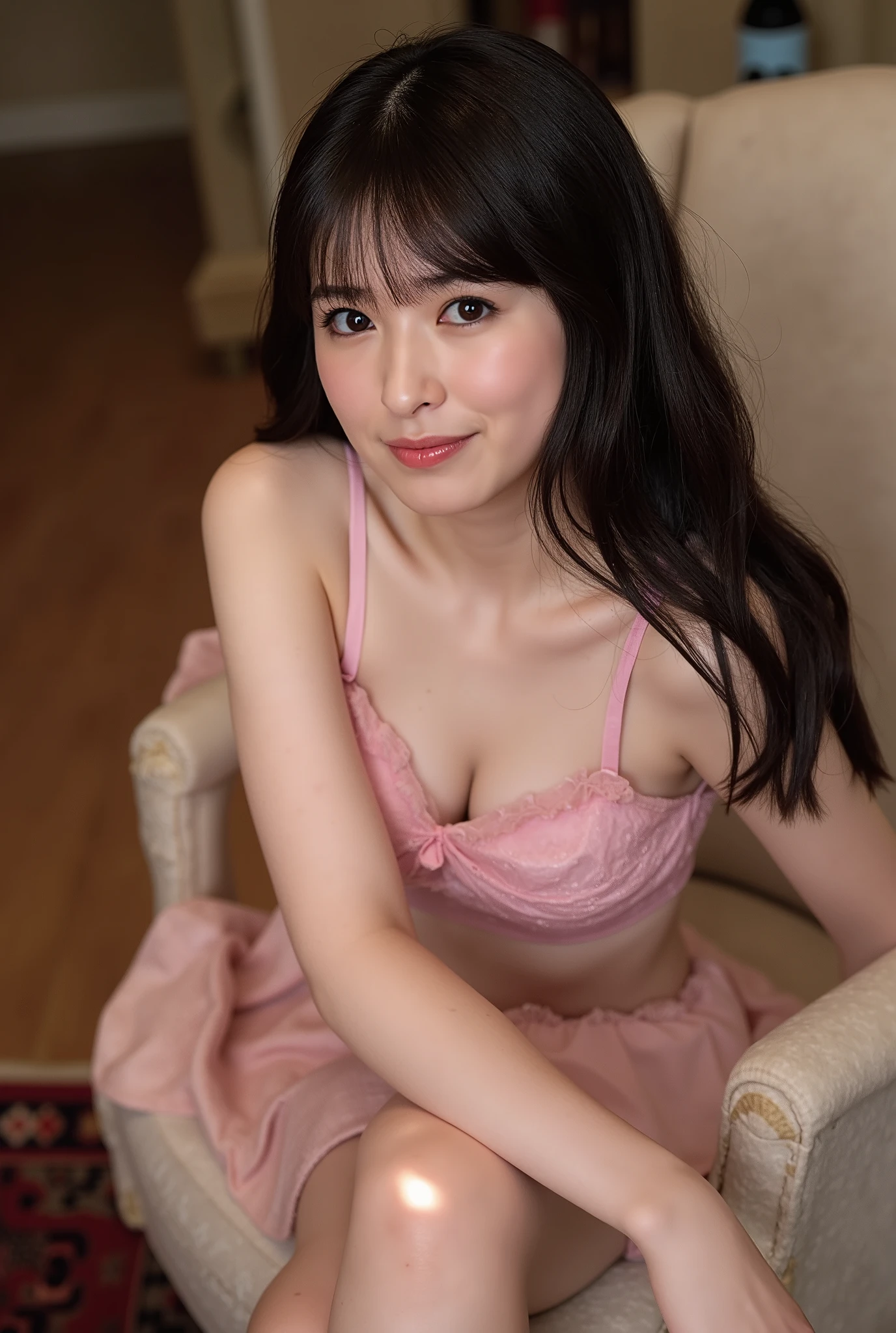 born, analog, Nikon Z85mm, award-winning glamour photographgraph, (( Best Quality )), ((Masterpiece:1.5)), (( realistic)), Shining rays, high resolution, fine facial features , very detailed on trends, clear focus , smooth , Midea, 非常に detailed表示, 極めて detailed体, 非常に detailed衣服, octane render , photograph_(Ultra), photograph-realistic, Post-processed, ( max details:1.8), realistic shadows, Roughness, 実born活, Ultra realisic, photograph realism, 8K UltraHD, high resolution, detailed, Sharp Focus , (Rosie Huntington=Whitely:1.5), Audience , Alone, ( dark eyes:1.9), (extremly detailed blue eyes :1.6), (long wavy black hair:1.7), ( Hips Nodding :1.8), ( slender body:1.7), ( thin waist:1.8), ( toned body :1.7), Narrow shoulders, ( Perfect Medium Boobs :1.5), (美しく detailed顔:1.8), ( Well-outlined cheekbones :1.5), perfect makeup , ( smirk:1.8), seductive gaze , bewitching smile, (photographshoot:.1.6), ( dynamic pose:1.5), (スーパー model:1.4). Sweetheart neckline , Ruffle Trim , and、 Matching Robe . model, the hair is loosely curled , sits in a vintage armchair , surrounded by scattered cushions and fluffy rugs . The expression is playful and charming , The expression is playfully charming 、 smiling at camera . soft, playful pink satin lingerie set with diffuse lights、Creates a romantic and intimate atmosphere .