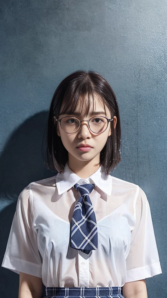 Black short upset hair,alone,entrance of a school,dressed in a white shirt,black tie,black school skirt,giant breasts,looking at the viewer,white skin,circular Glasses
