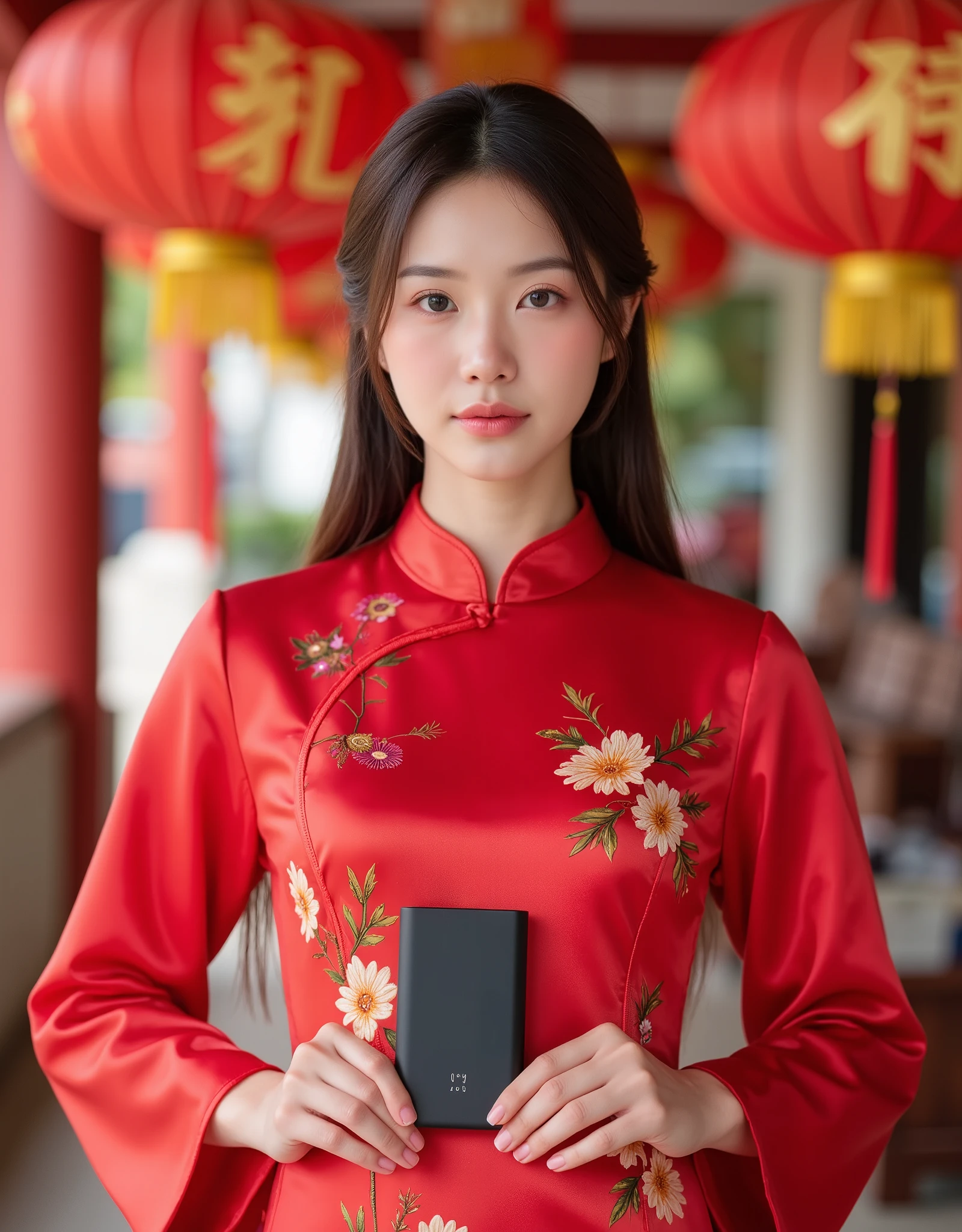 a 20 year old asian woman, wearing a red chinese new year dress, holding a black rectangular power bank, realistic photograph