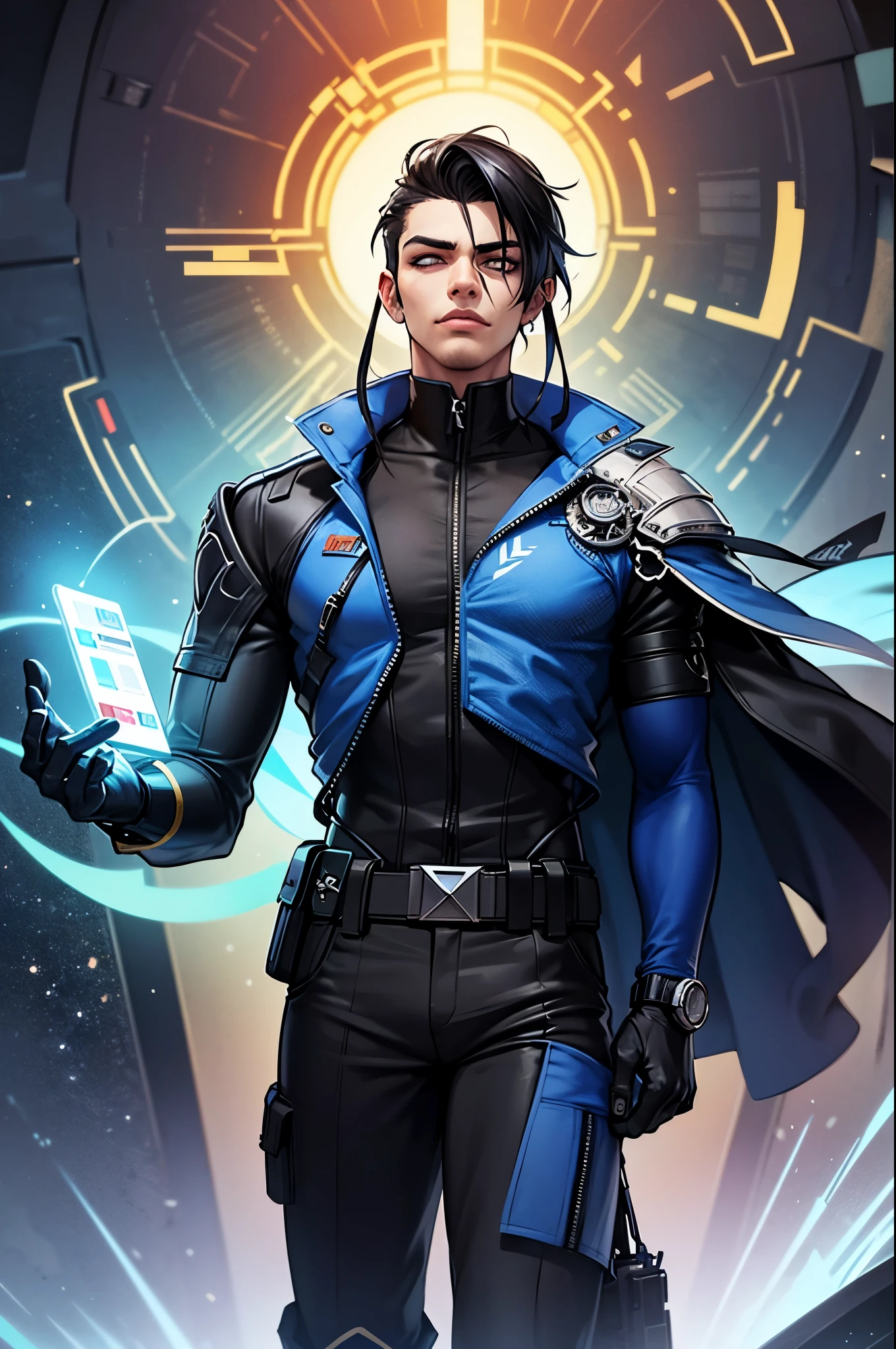  A tall and imposing character in a futuristic setting ,  created for a first-person shooter like Valorant .  He has stylized black hair ,  with wicks that resemble watch hands .  He wears a blue jacket with a subtle metallic sheen ,  detailed with circular patterns and gears that symbolize the flow of time .  His costume is functional and elegant ,  with technological gloves and an intricate watch integrated on the left arm ,  as if fused with clothing .  The watch emits a faint golden and blue glow , indicating temporal control . Under the jacket,  a fitted suit with darker shades of blue ,  reinforced with neon elements that resemble high-tech circuits .  His boots have an aerodynamic design with luminescent details that shine as it moves.  The gaze is intense ,  transmitting mastery over time ,  with eyes that have a visual effect of pointers rotating on their irises . In the background,  an aura of temporal energy surrounds the character ,  with fragments of watches floating and distorting the space around them 