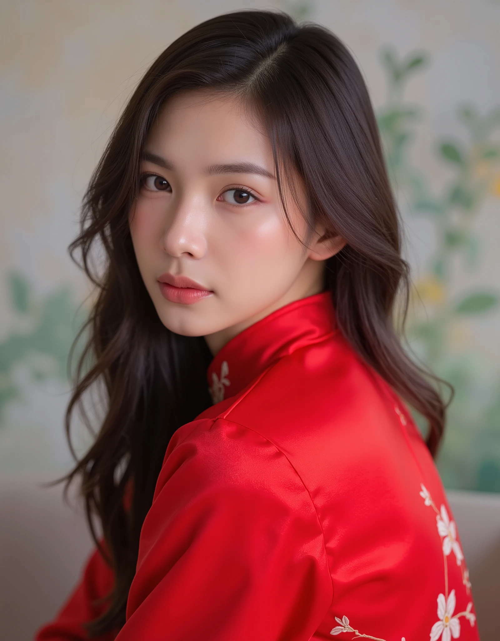 a beautiful young Thai woman, 20 years old, wearing a red Chinese dress, facing sideways, half-body shot, photorealistic