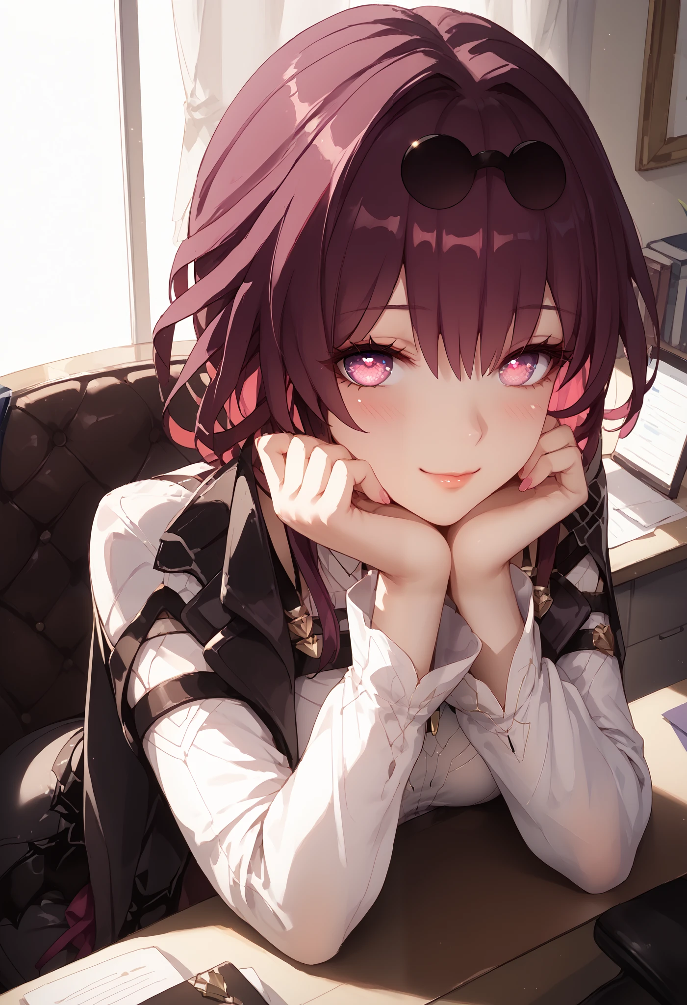 1girl, kafka (honkai star rail), solo, dutch angle, from above, dark violet hair, pink eyes, (beautiful detailed eyes: 1.4), white shirt, stylized hooded cape, cute smile, blush, office, sitting on desk, seductive pose, wallpaper, masterpiece, high quality, highly detailed