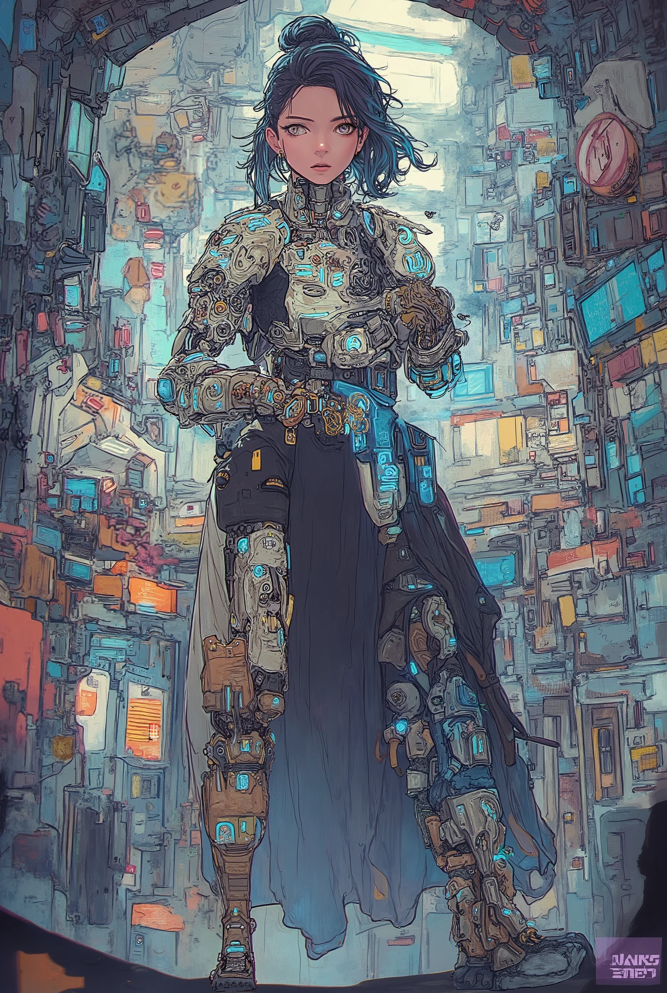 ((anime art style illustration)) of (perfect Asian cyberpunk girl))), (((wearing incredibly detailed ornate cyberpunk armour))), ((LED lights)), (((Japanese Kabuki hairstyle))), perfect features, ((((full figure) dynamic pose))), (((starship interior))), (((Syd Mead art style))), abstract beauty, near perfection, pure form, concept art, intricate detail, 8k post-production, High resolution, super Detail, art station Trends, sharp focus, studio photos, intricate detail, Very detailed.