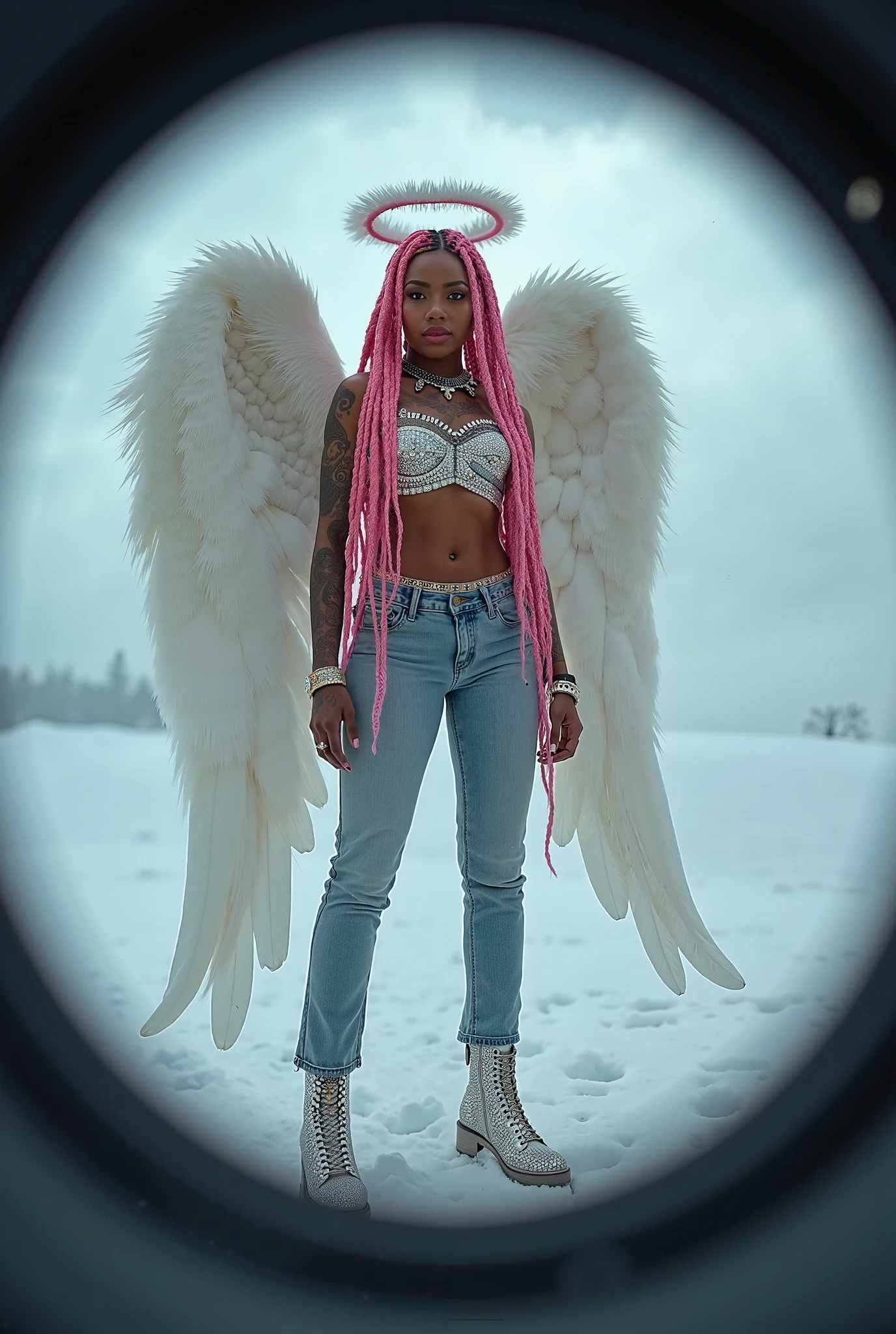 (best quality,Ultra-detail,A high resolution:1.2), realisti, a giant, With a view to, delicate facial features, minimal clothing, Lively, multi-colored braids, Pulling on the ground, Huge and exaggerated breasts, Protruding abdominal muscles, Incredibly long legs,It takes up two thirds of the body, Amazingly large and exaggerated buttocks,It has nine long tails, A pair of giant wings,Covered the sky behind them, Uniquely designed high heels, Tattoos, Perfect attention to detail, Full body shot of