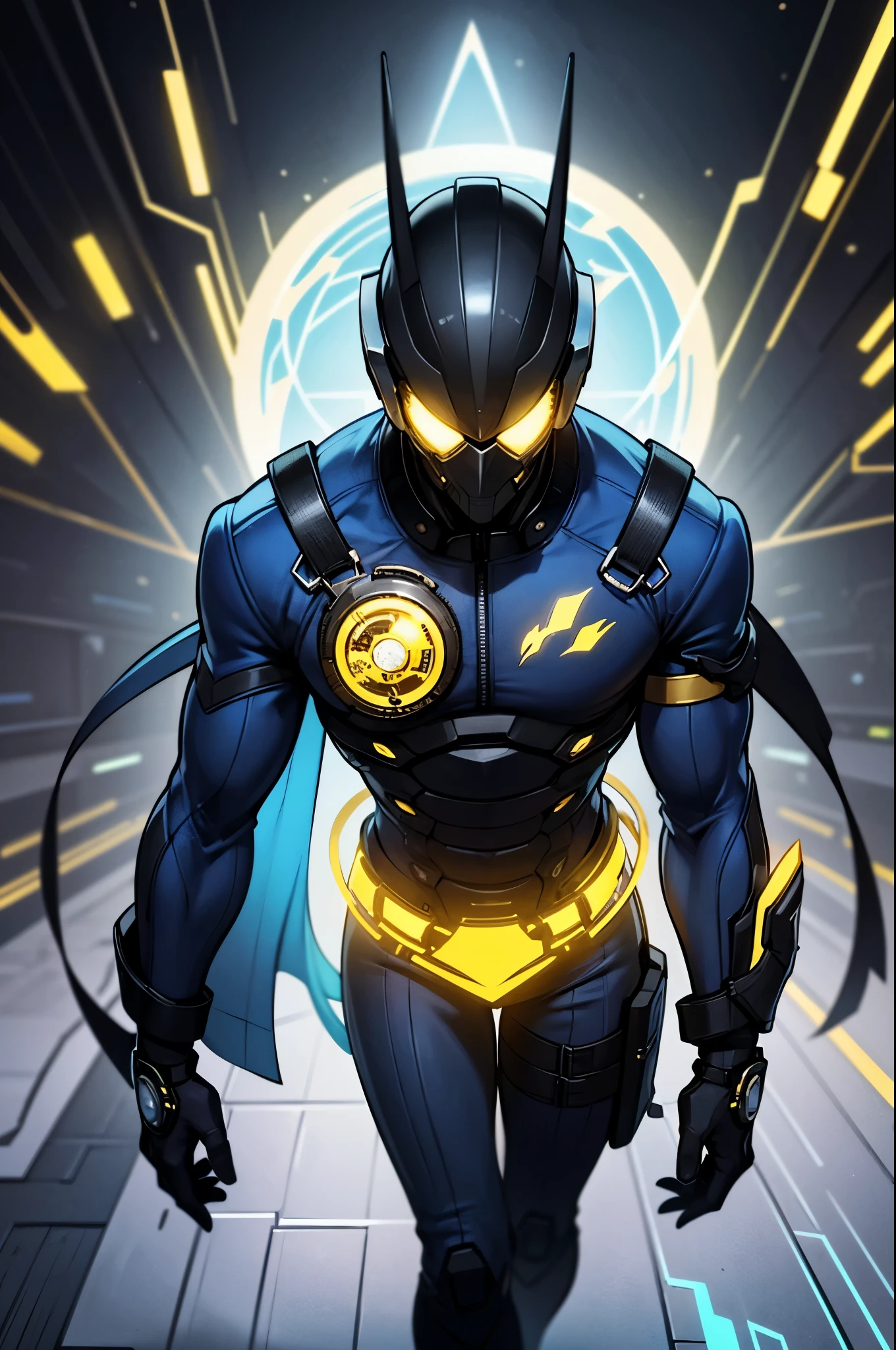  A tall and imposing character in a futuristic setting ,  created for a first-person shooter like Valorant .  He has stylized black hair ,  with wicks that resemble watch hands .  He wears a blue jacket with a subtle metallic sheen ,  detailed with circular patterns and gears that symbolize the flow of time .  His costume is functional and elegant ,  with technological gloves and an intricate watch integrated on the left arm ,  as if fused with clothing .  The watch emits a faint golden and blue glow , indicating temporal control . Under the jacket,  a fitted suit with darker shades of blue ,  reinforced with neon elements that resemble high-tech circuits .  His boots have an aerodynamic design with luminescent details that shine as it moves.  The gaze is intense ,  transmitting mastery over time ,  with eyes that have a visual effect of pointers rotating on their irises . In the background,  an aura of temporal energy surrounds the character ,  with fragments of watches floating and distorting the space around them 