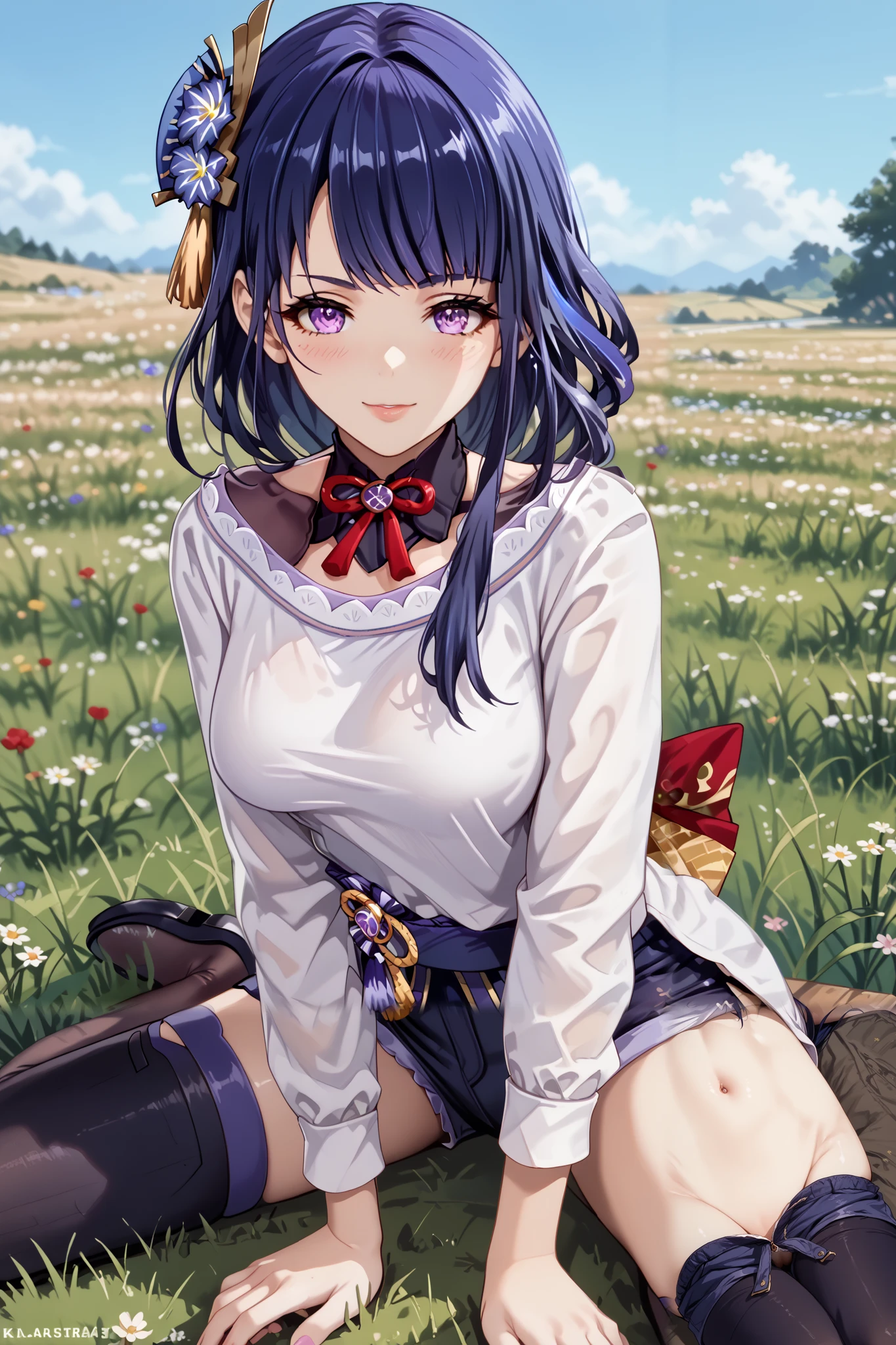 Masterpiece, extremely detailed,4k,solo,1girl,raiden shogun,full body,perfect slim body,(sit down),ambarrased ,long legs ,perfect slim body,large breasts, ((kawai face)),embarassed ekspression,smile,(closed lips), cowboy shoot,((grass)), front look, looking at viewers, white tshirt, ((short pants))