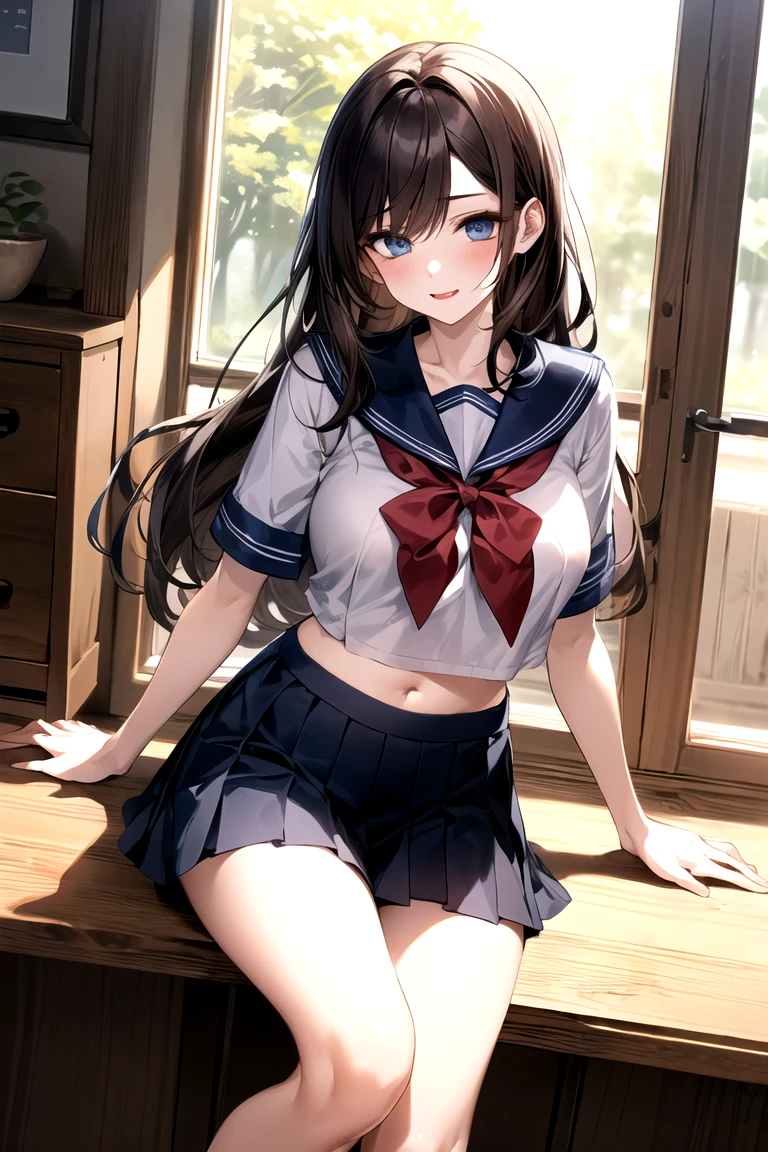 (masterpiece、Top image quality、High Quality Score:1.3)、(Sharp image quality)、flawless beauty: 1.5、brown haired、(Japan school uniform)、a sailor suit、(Fluttering skirt)、Red hair ornament、a beauty girl、cute little、The best smile、(No background)、(Pure white background)、(Physical education sitting)、Fancy panties、perfectly proportions,One Woman、、Dark blue pleated skirt、