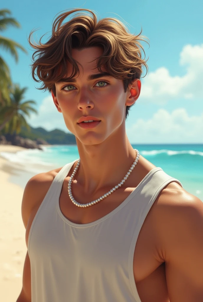 young, beautiful, elegant, white, skinny, elegant shirtless face standing, , on the beach with a coconut in his hand while his other hand touches his head bubble sincerity male