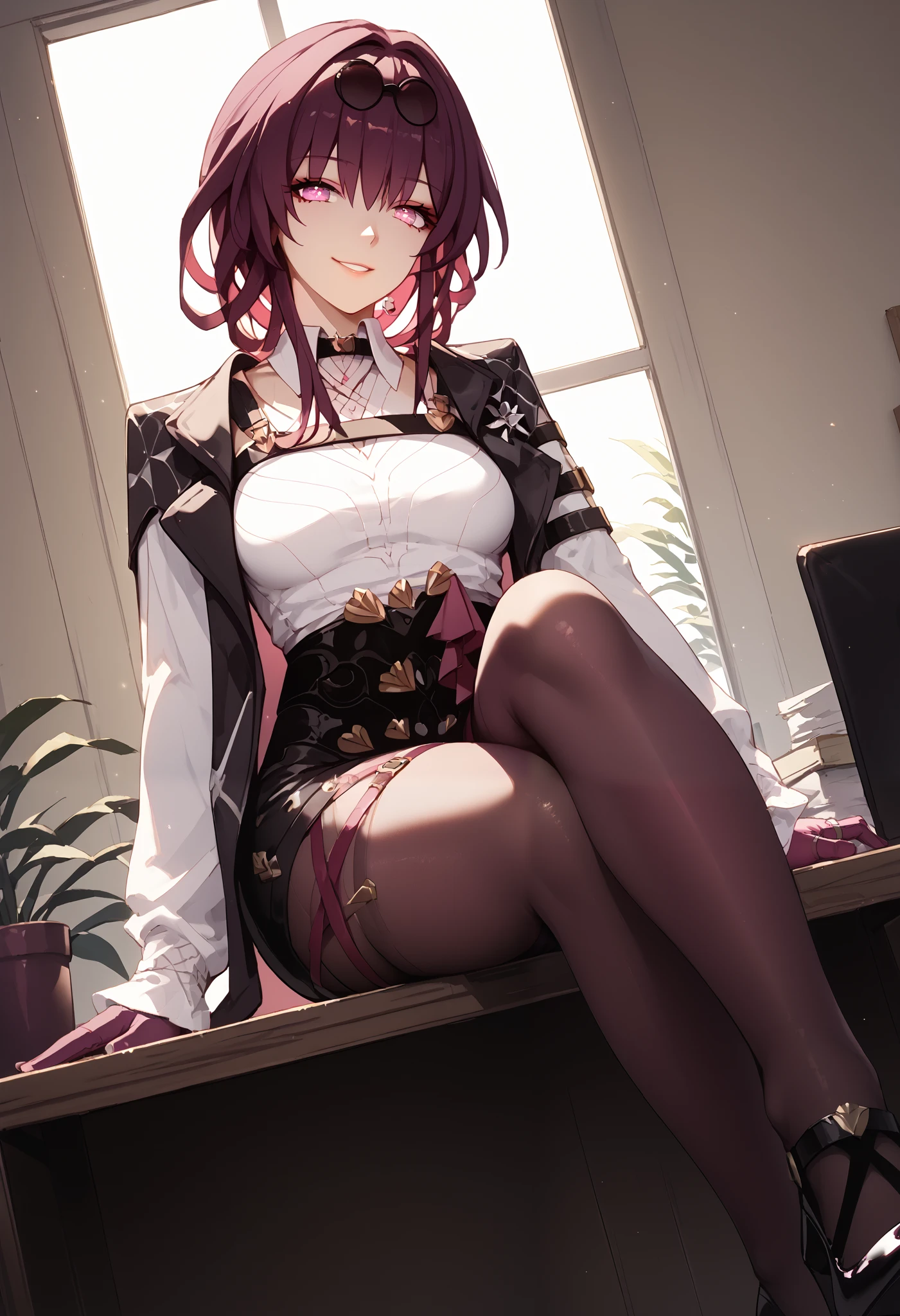 1girl, kafka (honkai star rail), solo, dutch angle, from below (ground level), dark violet hair, pink eyes, (beautiful detailed eyes: 1.4), rimless oval glasses, white high-collared shirt, detachable hooded cape, violet gloves, fitted black skirt, garter straps, violet stockings, black stiletto heels, smirk, office, sitting on desk, dominant pose, wallpaper, masterpiece, high quality, highly detailed