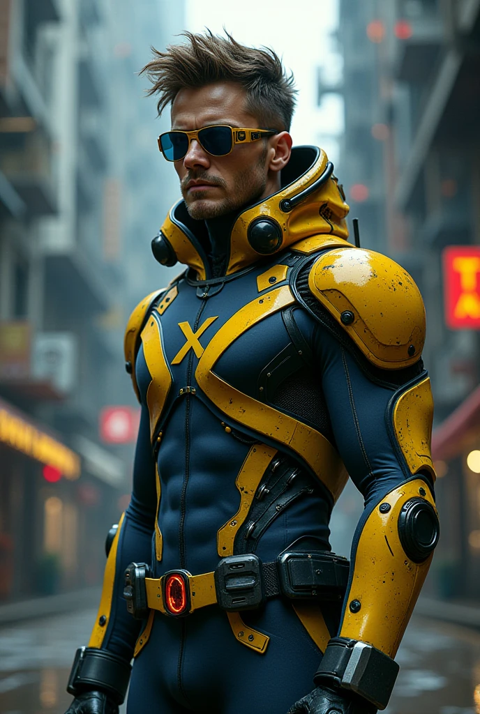 Cyclops, man, short brown hair, blue tactical suit with yellow accents, gold one-way visor glowing red, x logo, yellow ultility belt, gloves and boots,