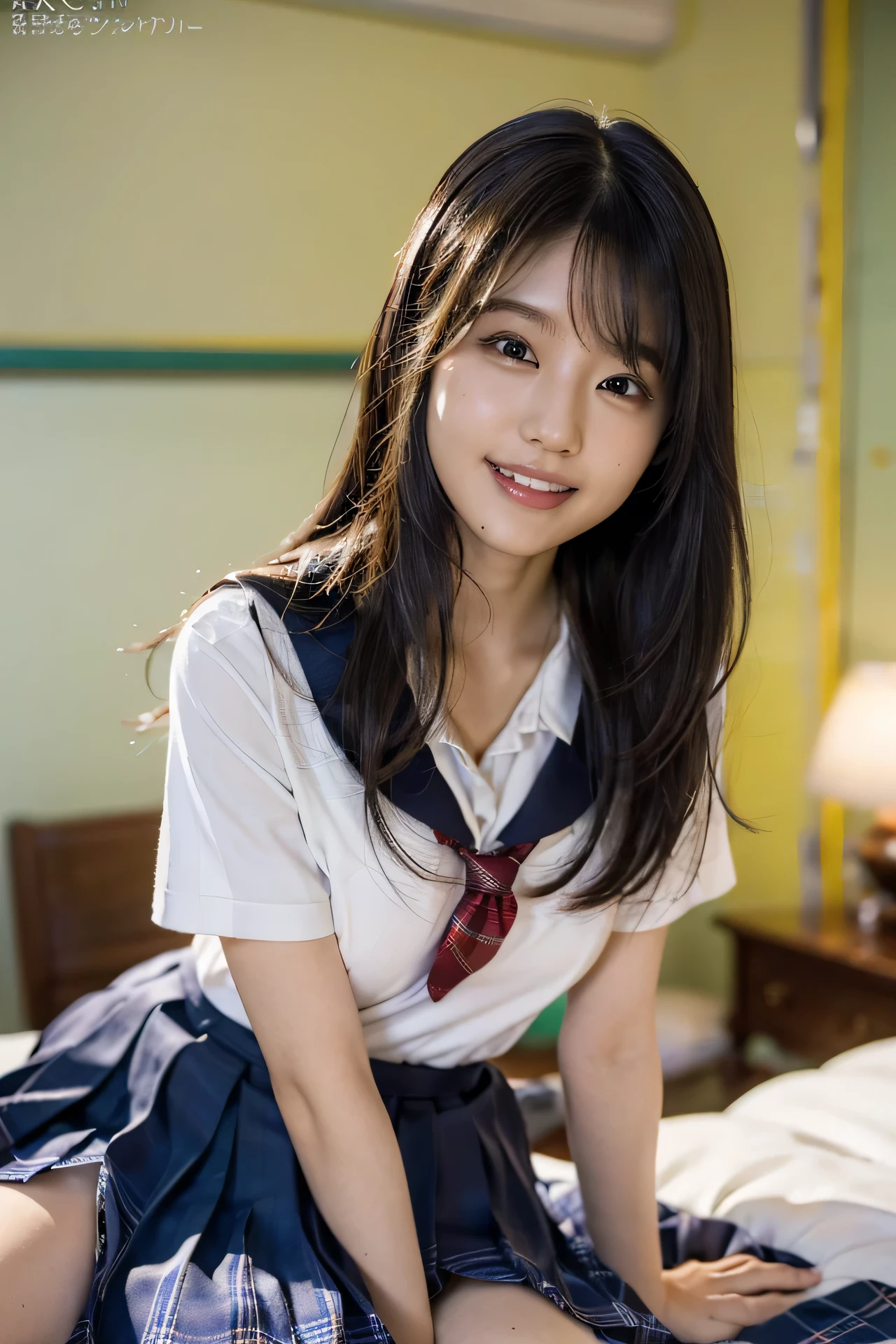 White lace fabric underwear、The crotch of the underwear is visible,(NSFW:0.99)、a beauty girl, (Skirt lifting), looking in camera, Angle from below, Short skirt, Squatting, Shy smile, Japan school uniform , Beautiful skin, ((of the highest quality, 16 K, masutepiece: 1.3)), 1 girl, Light on Face, hyperdetailed face, very detailed lips, Detailed eyes、real looking skin、Panties with cute designs、Shaved、Variety of hairstyles、Uniforms of different colors、Dress naturally、vans sneakers light、Detailed panties
