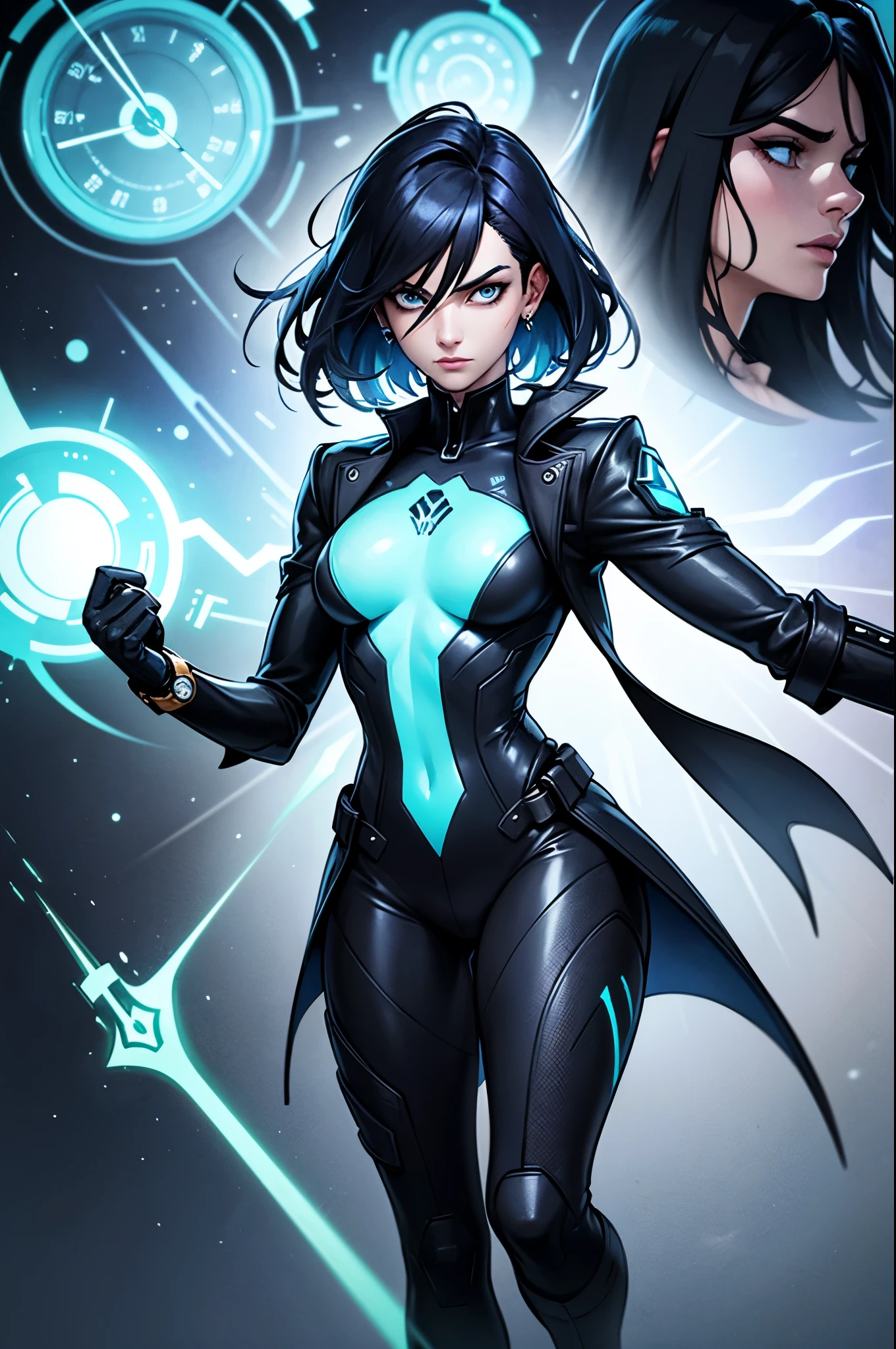 A tall and imposing character in a futuristic setting ,  created for a first-person shooter like Valorant .  He has stylized black hair ,  with wicks that resemble watch hands .  He wears a blue jacket with a subtle metallic sheen ,  detailed with circular patterns and gears that symbolize the flow of time .  His costume is functional and elegant ,  with technological gloves and an intricate watch integrated on the left arm ,  as if fused with clothing .  The watch emits a faint golden and blue glow , indicating temporal control . Under the jacket,  a fitted suit with darker shades of blue ,  reinforced with neon elements that resemble high-tech circuits .  His boots have an aerodynamic design with luminescent details that shine as it moves.  The gaze is intense ,  transmitting mastery over time ,  with eyes that have a visual effect of pointers rotating on their irises . In the background,  an aura of temporal energy surrounds the character ,  with fragments of watches floating and distorting the space around them 