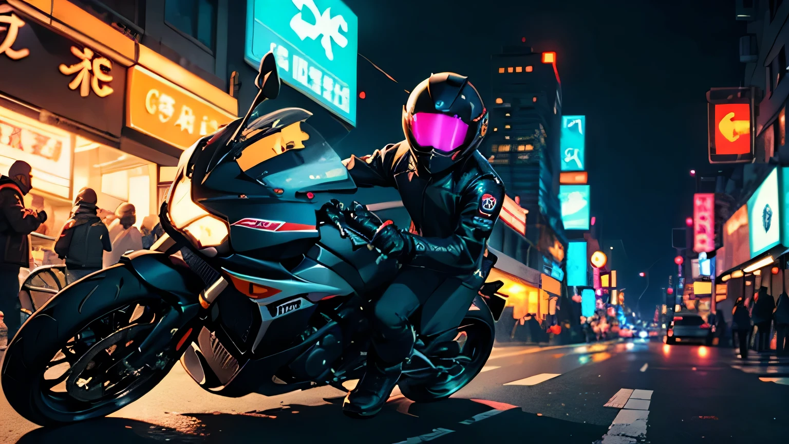 man on motorcycle at night, in a city full of neon lights, with neon motorcycle helmet and black jacket, facing the front of the image
