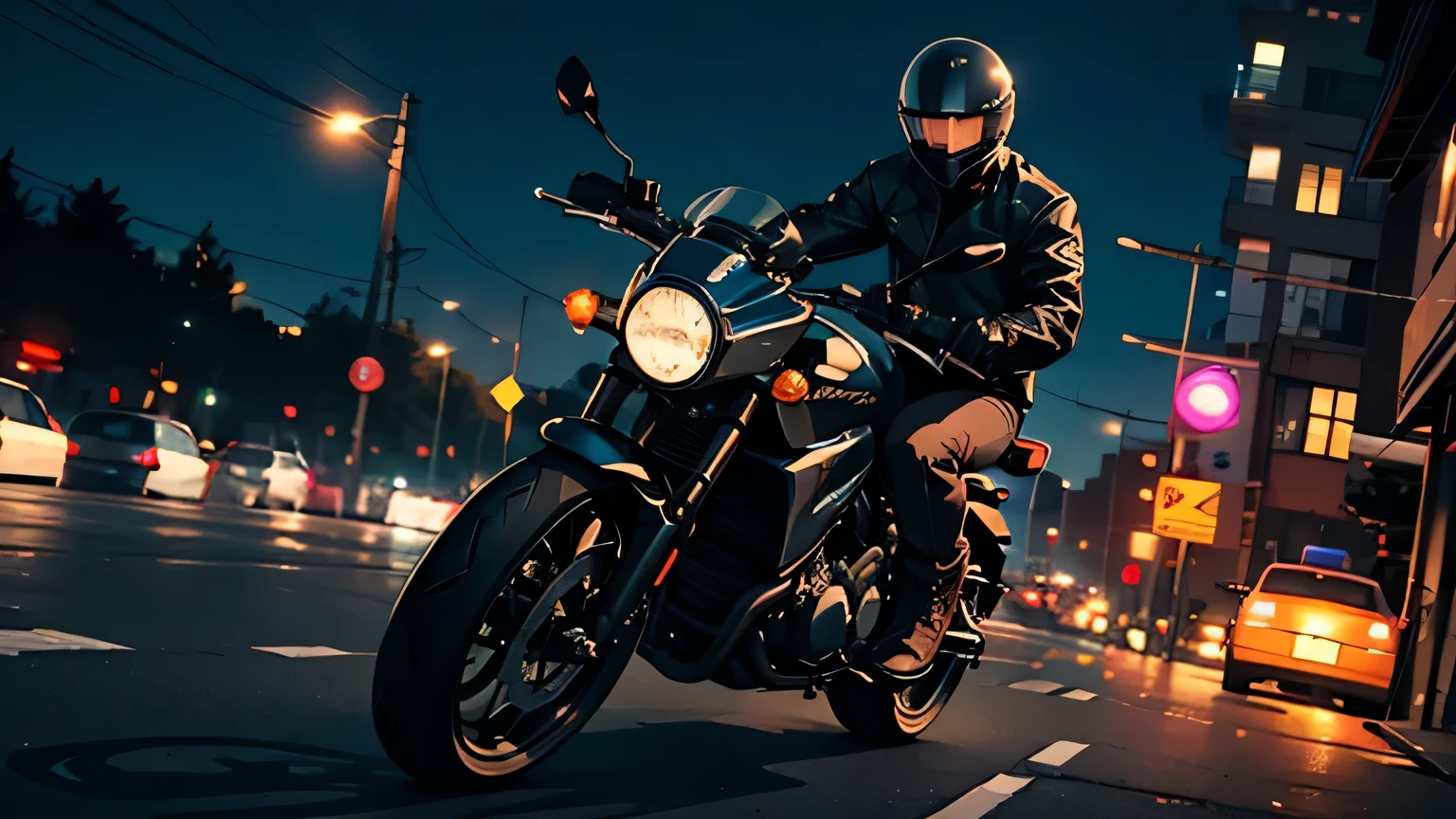 man on motorcycle at night, wearing black motorcycle helmet and black jacket, front view