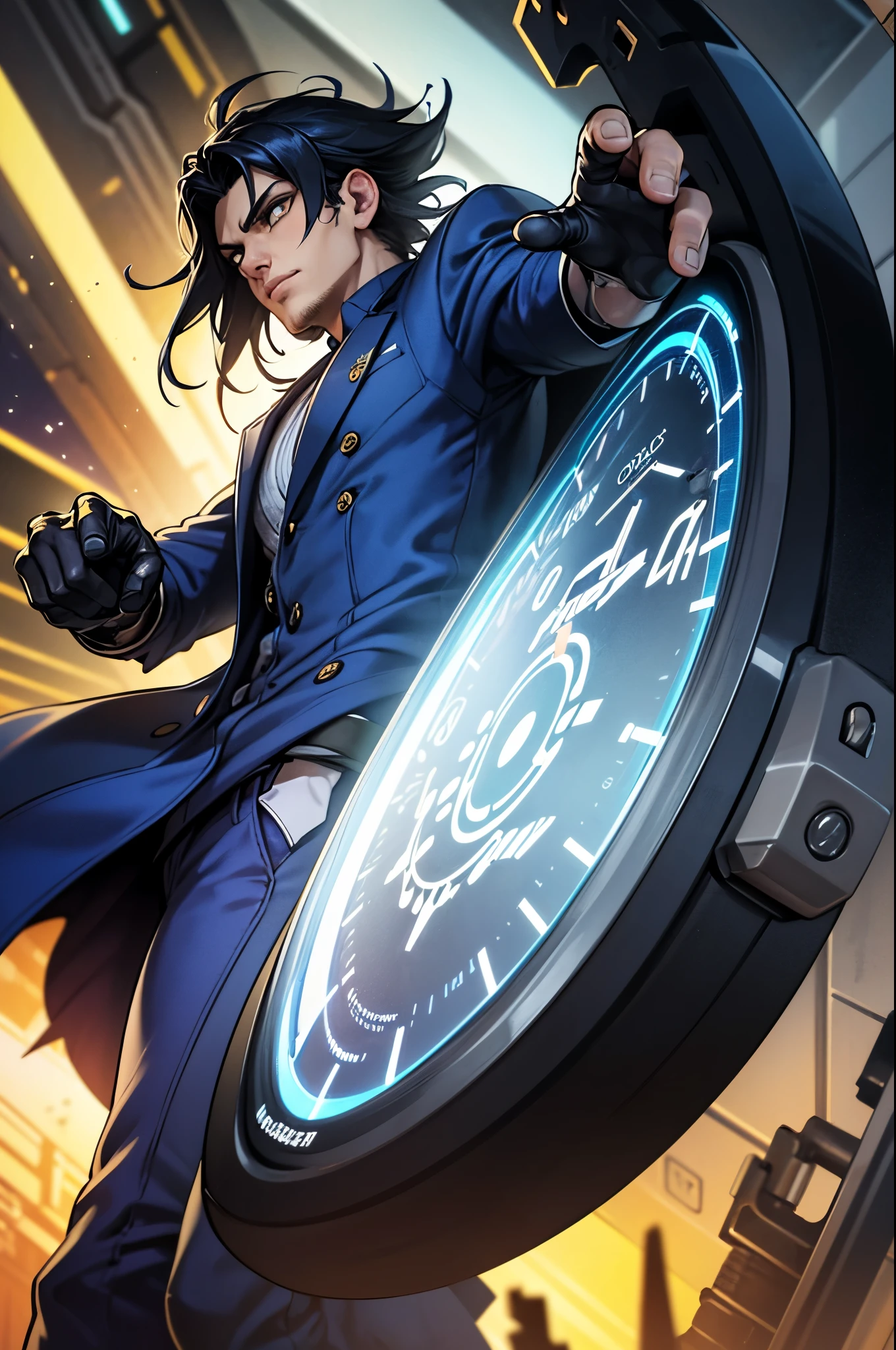  A tall and imposing character in a futuristic setting ,  created for a first-person shooter like Valorant .  He has stylized black hair ,  with wicks that resemble watch hands .  He wears a blue jacket with a subtle metallic sheen ,  detailed with circular patterns and gears that symbolize the flow of time .  His costume is functional and elegant ,  with technological gloves and an intricate watch integrated on the left arm ,  as if fused with clothing .  The watch emits a faint golden and blue glow , indicating temporal control . Under the jacket,  a fitted suit with darker shades of blue ,  reinforced with neon elements that resemble high-tech circuits .  His boots have an aerodynamic design with luminescent details that shine as it moves.  The gaze is intense ,  transmitting mastery over time ,  with eyes that have a visual effect of pointers rotating on their irises . In the background,  an aura of temporal energy surrounds the character ,  with fragments of watches floating and distorting the space around them 
