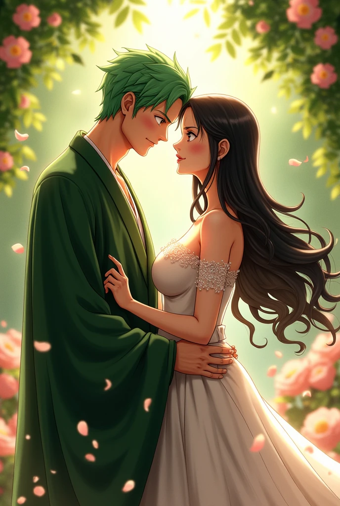 Portrait of a young, brunette couple in a warm setting, the INFJ man with rich, green hair and striking green eyes, his vibrant green attire enhancing his olive skin. He wraps his arm around the ENFJ woman, her dark skin glowing against the deep green of her dress, her glossy brown hair cascading down her back. Their bodies are pressed together, their faces filled with adoration and contentment as they share a tender moment of affection and connection