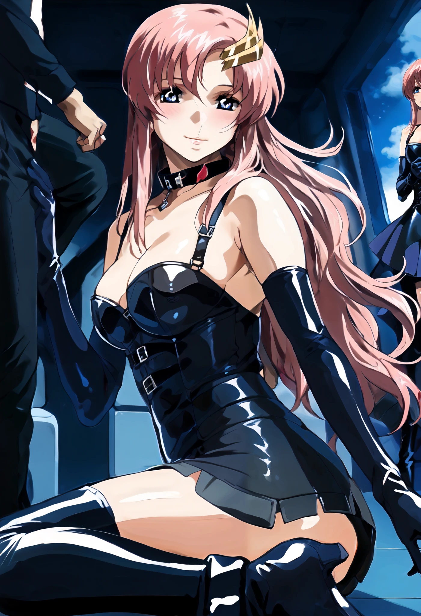  Yankee sitting、((Open legs:1.4)))、((( wide thigh opening with one legでしゃがむ)))、((( open legs in a M shape and crouch )))、BDSM、Queen、mistress、(((One girl)))、(((solo:1.8)))、(((Black latex elbow gloves:1.4)))、((( black latex corset dress :1.4)))、((( The corset dress is decorated with beautiful lace)))、((( Corset Dress with Shoulder Straps )))、((( Black Latex Tight Miniskirt :1.4)))、((( Black Thigh-High Boots :1.4)))、(((Black rubber tights:1.2)))、((( stiletto heel boots that kick a man:1.4)))、((( black latex tight mini skirt )))、(((Black latex bra)))、(((Black leather collar)))、((( sexy pose:1.4 )))、 wide thigh opening with one leg:1.2、((( erotic )))、((( cowboy shot)))、クローズ up、((( puts her hands on her hips)))、 beautiful eyes with highlights、Beautiful, smooth skin、Two perfect anatomical arms、 Anatomically Perfect 2 Legs 、(Four perfect fingers and one thumb)、score_9,score_8_ up,score_7_ up, best quality , 4K, rating_safe,  very aesthetic,  source_Anime, 1 girl,((( indoor、 space station、Operations command room)))、
Lux Klein BB ,((( Aqua Blue Eyes))), pink hair, long hair, hair ornament,
 upper body, stares at viewers、 wicked smile that scratches my butt、blush:1.4