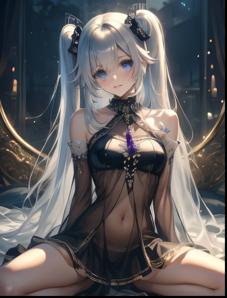 (((SFW、Precision、Highest quality、A first-class masterpiece、Normal body、8k、 Detailed Face 、Ultra-precision、 Normal hand、5refer to、Highest)))、" Spirit Fantasy"、Celia Claire、Celia Claire、 Silver Hair、 twin tails、 short、 slender、Big Breasts、rolled up sheer sheer transparent dress、 sheer sheer transparent mini skirt、Navel exposed、 gentle shy blush smile、 Open Legs Sexy Poses That Make the Highlights Go Away、Chain lead slave collar、The Fall of Slaves、Fall into Darkness、 hypnotic state 、Hypnotic、 Hollow Eyes、Mysterious purple eyes、Obedience、 offer yourself、Open your mouth and serve 、 heart tattoo on abdomen