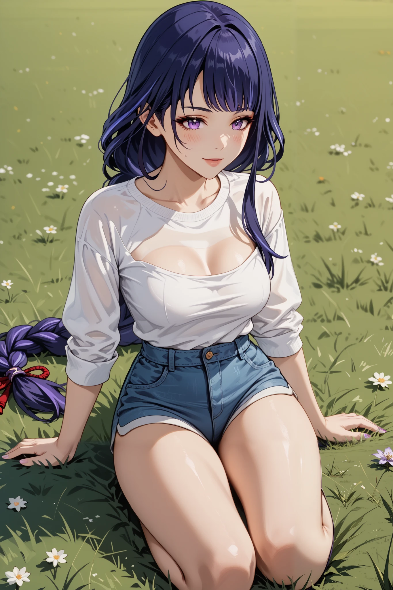 Masterpiece, extremely detailed,4k,solo,1girl,raiden shogun,full body,perfect slim body,(sit down),ambarrased ,long legs ,perfect slim body,large breasts, ((kawai face)),embarassed ekspression,smile,(closed lips), cowboy shoot,((grass)), front look, looking at viewers, white tshirt, ((short pants))