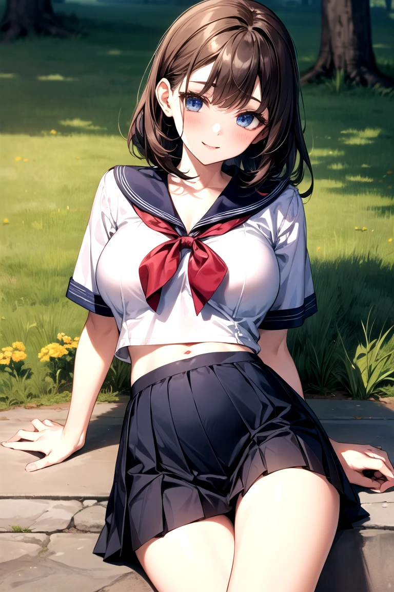 Anime Kawaii sexy Perfect Slim sensual body large breast and huge thighs, An intricate and highly detailed illustration of anime (Young girl). in 8K,maximum quality,Actual image,details Intricate,超High resolution,field of depth,masseter part,soft natural light,professional lighting,1 girl in,(cute:1.2),an extremely beautiful 17 year old girl,A detailed eye,((eyes browns)),(chestnut hair),(shorth hair),(bangss),perfect  skin,shining skin,fair and white skin,thin skin,large full breasts,((Perfect Anatomia,beautiful hand,perfect hand,Five fingers connected to the palm,precise hands without incongruity)),Perfect raw legs,Delicate legs,perfectly proportioned,A sexy,Visible chest,((Japan uniform)),((School Uniform Mini Skirt)),(necktie),blackstockings,Chano leather shoes,Crouched deep in the city,The crotch is visible,Show me your panties around town,both legs are bent,The legs are open in an M shape,,I can see panties,Delicate thighs visible from the front